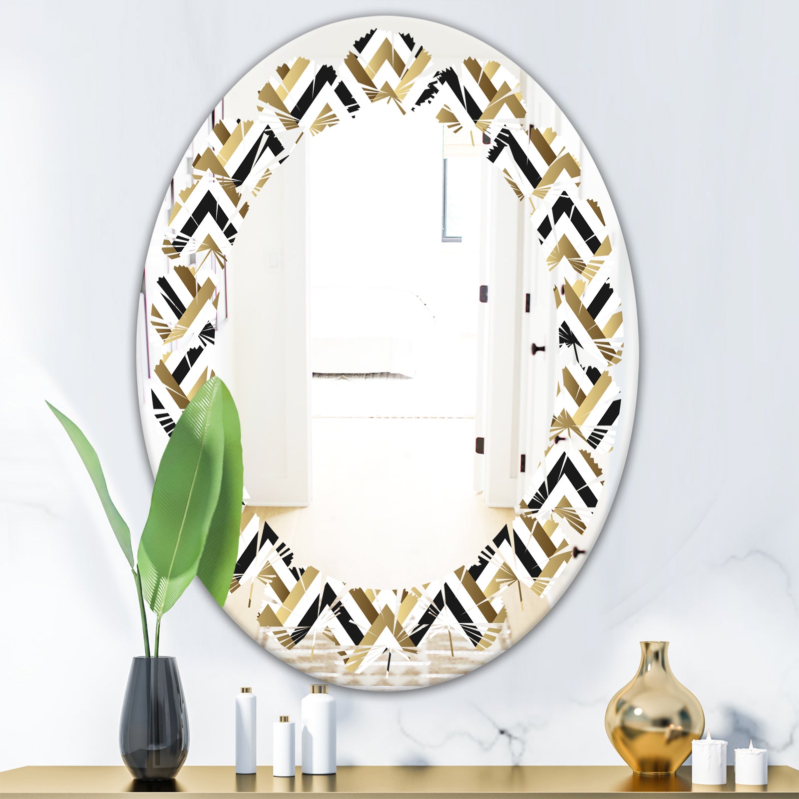 Gold black and white triangle - Modern Round or Oval Wall Mirror - Leaves