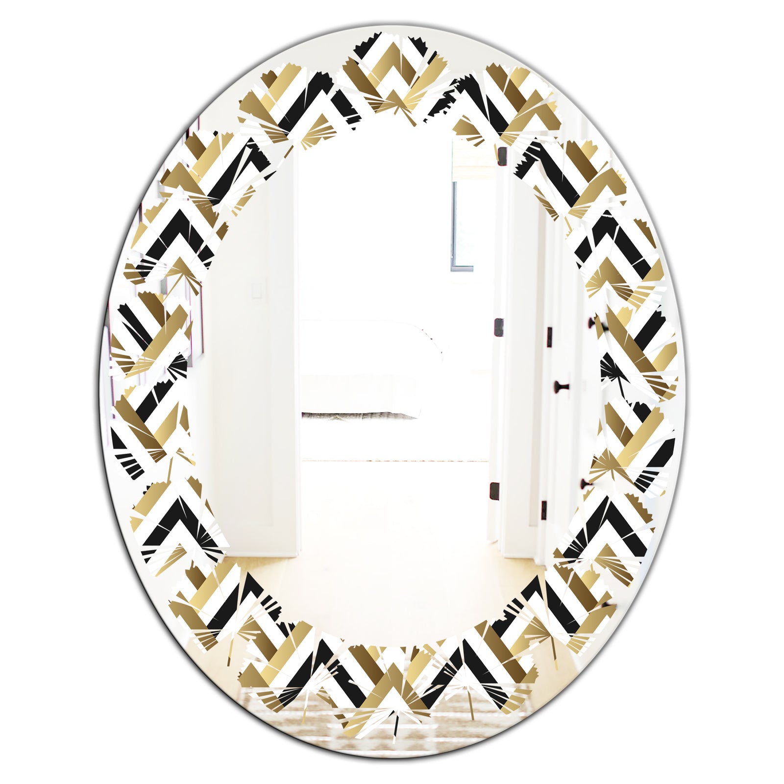 Gold black and white triangle - Modern Round or Oval Wall Mirror - Leaves