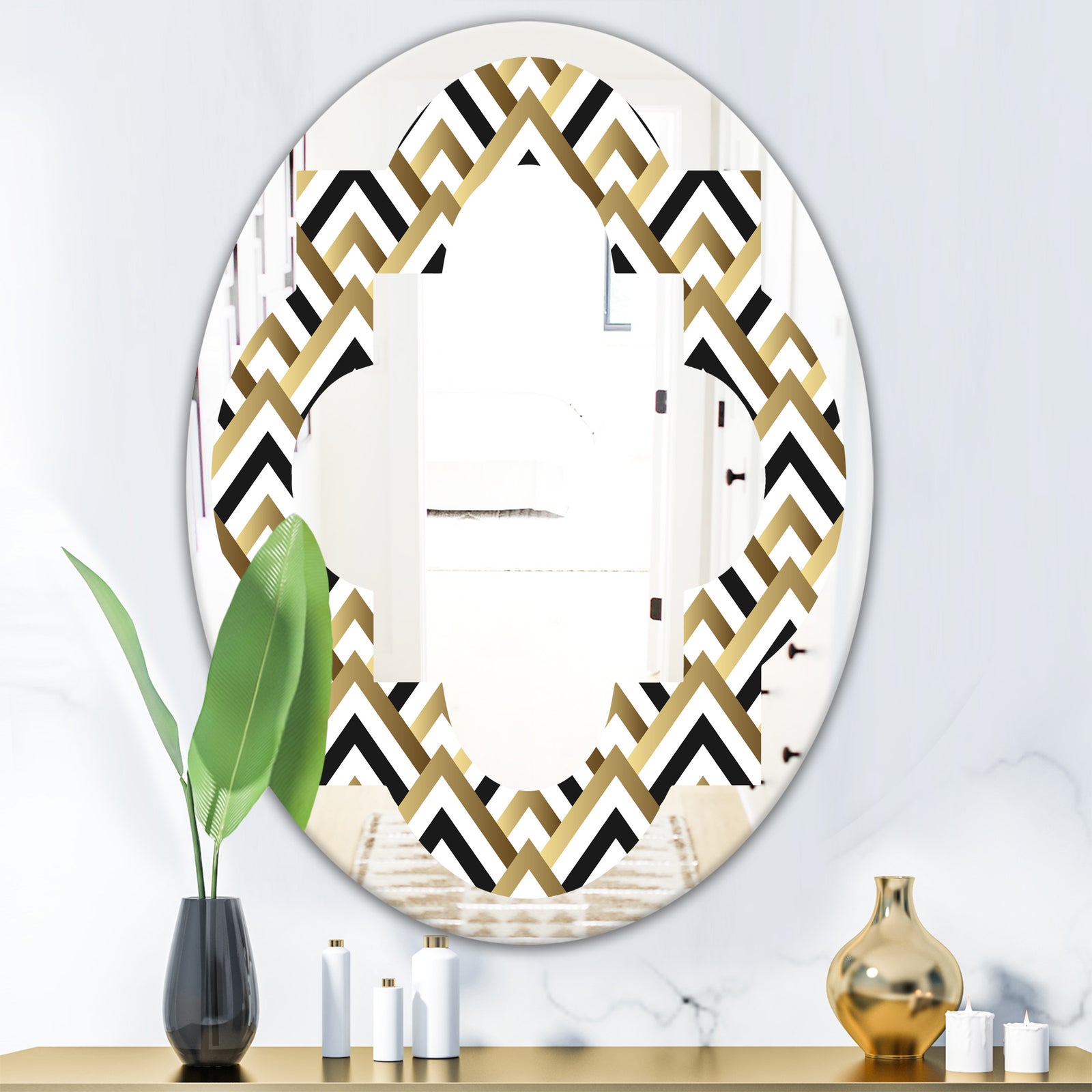 Gold black and white triangle - Modern Round or Oval Wall Mirror - Quatrefoil