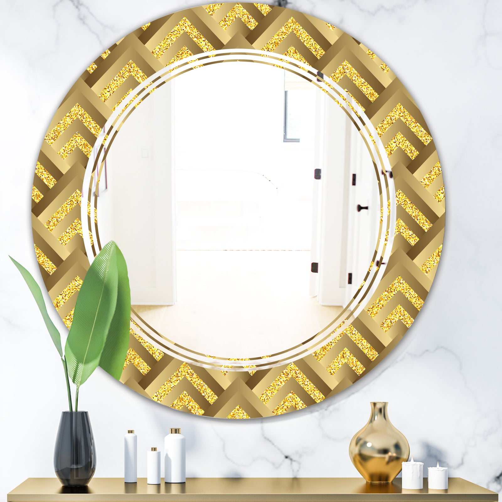 Golden Plaid pattern - Modern Round or Oval Wall Mirror - Triple C