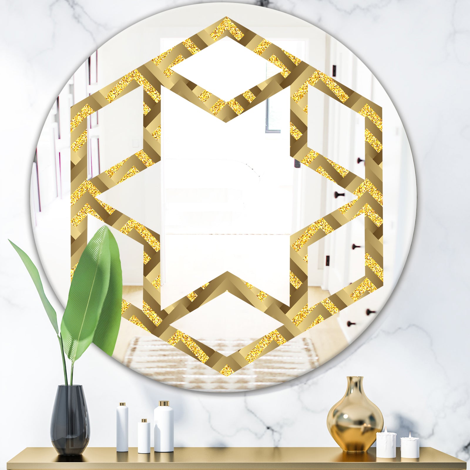 Golden Plaid pattern - Modern Round or Oval Wall Mirror - Hexagon Star
