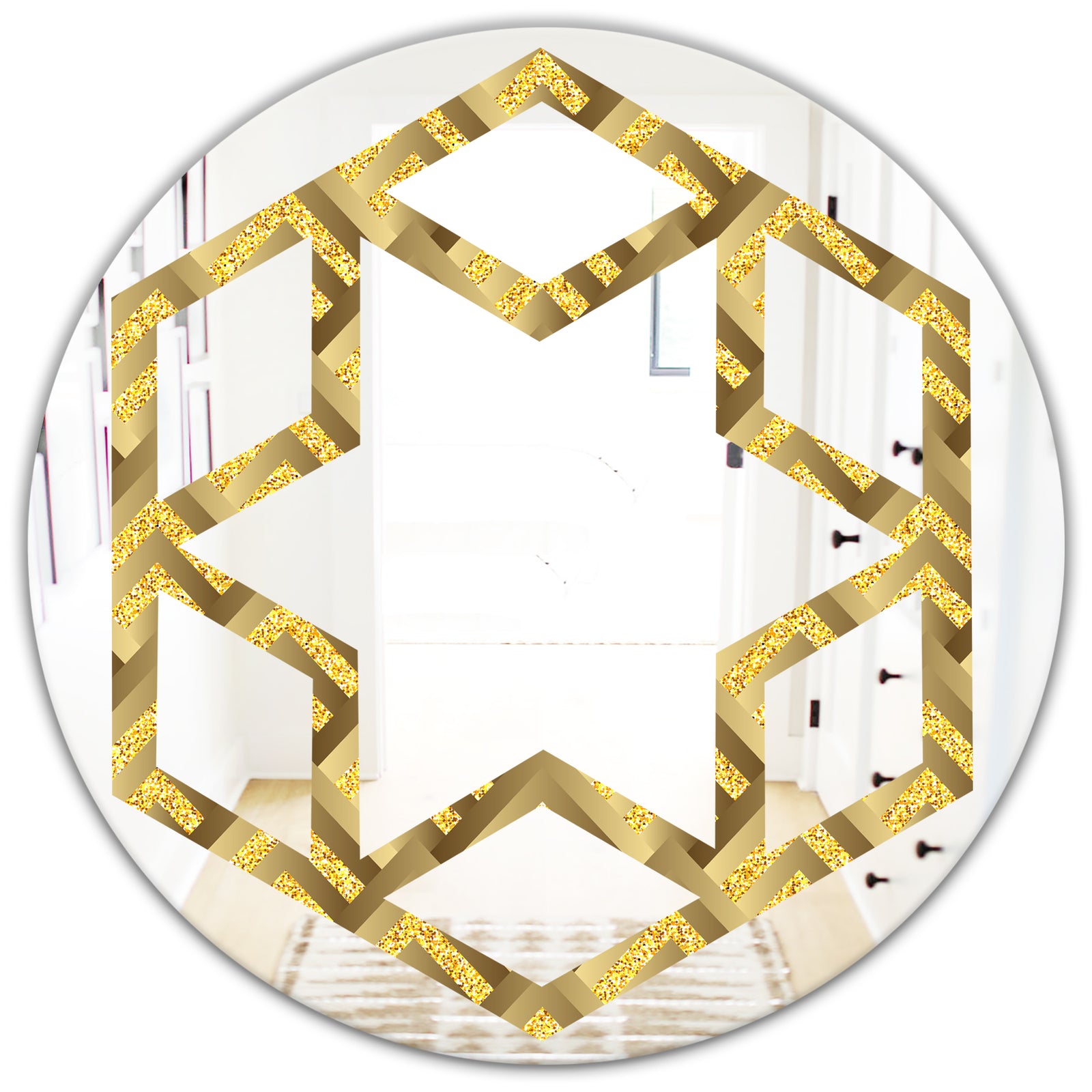 Golden Plaid pattern - Modern Round or Oval Wall Mirror - Hexagon Star