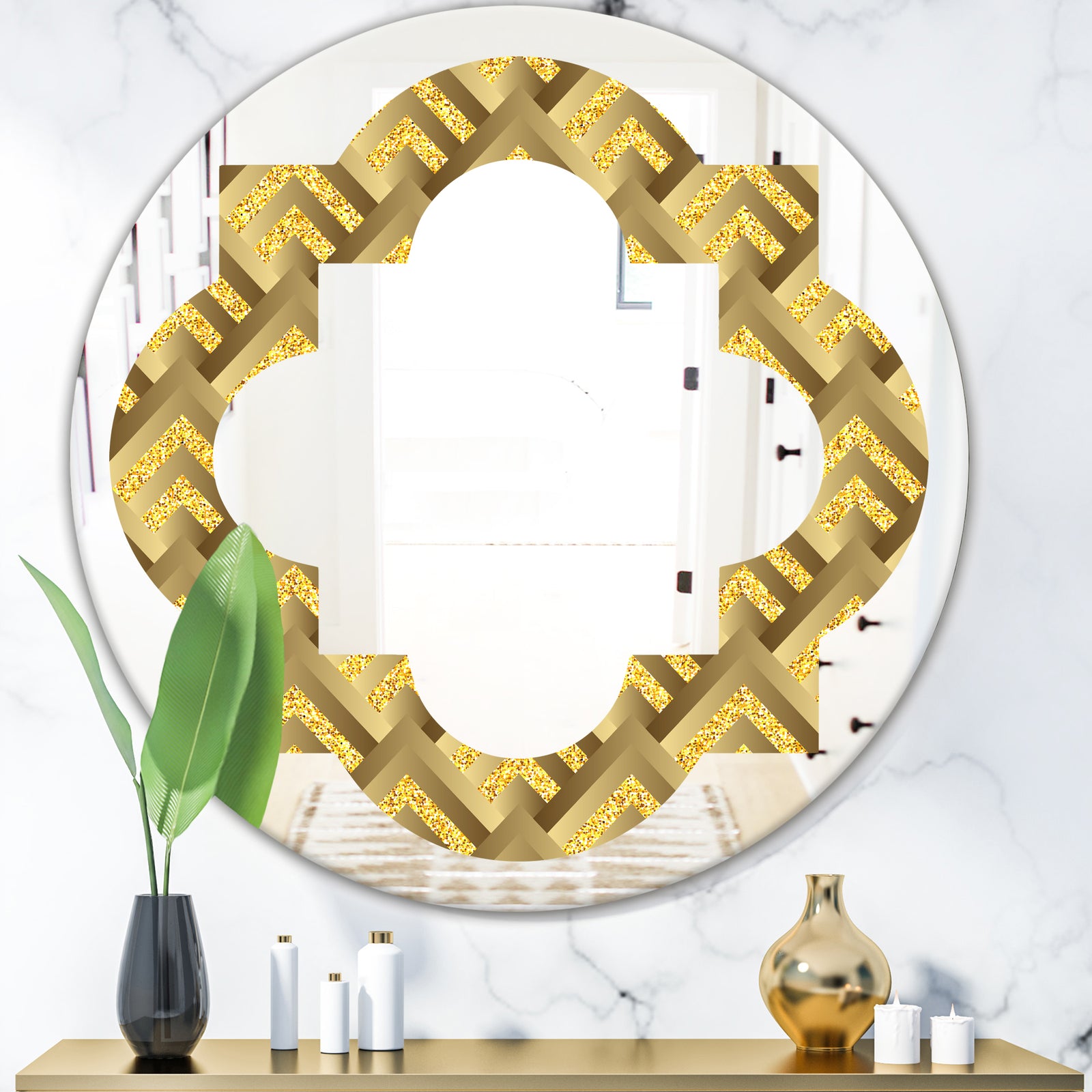 Golden Plaid pattern - Modern Round or Oval Wall Mirror - Quatrefoil