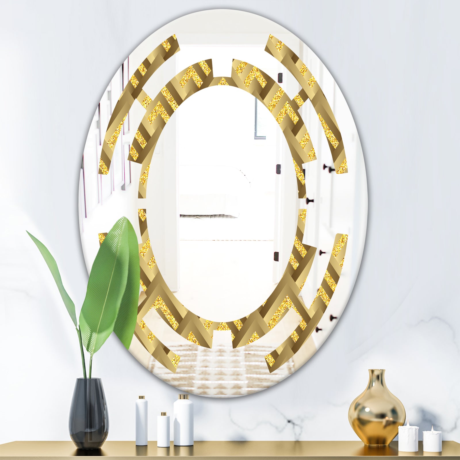 Golden Plaid pattern - Modern Round or Oval Wall Mirror - Space