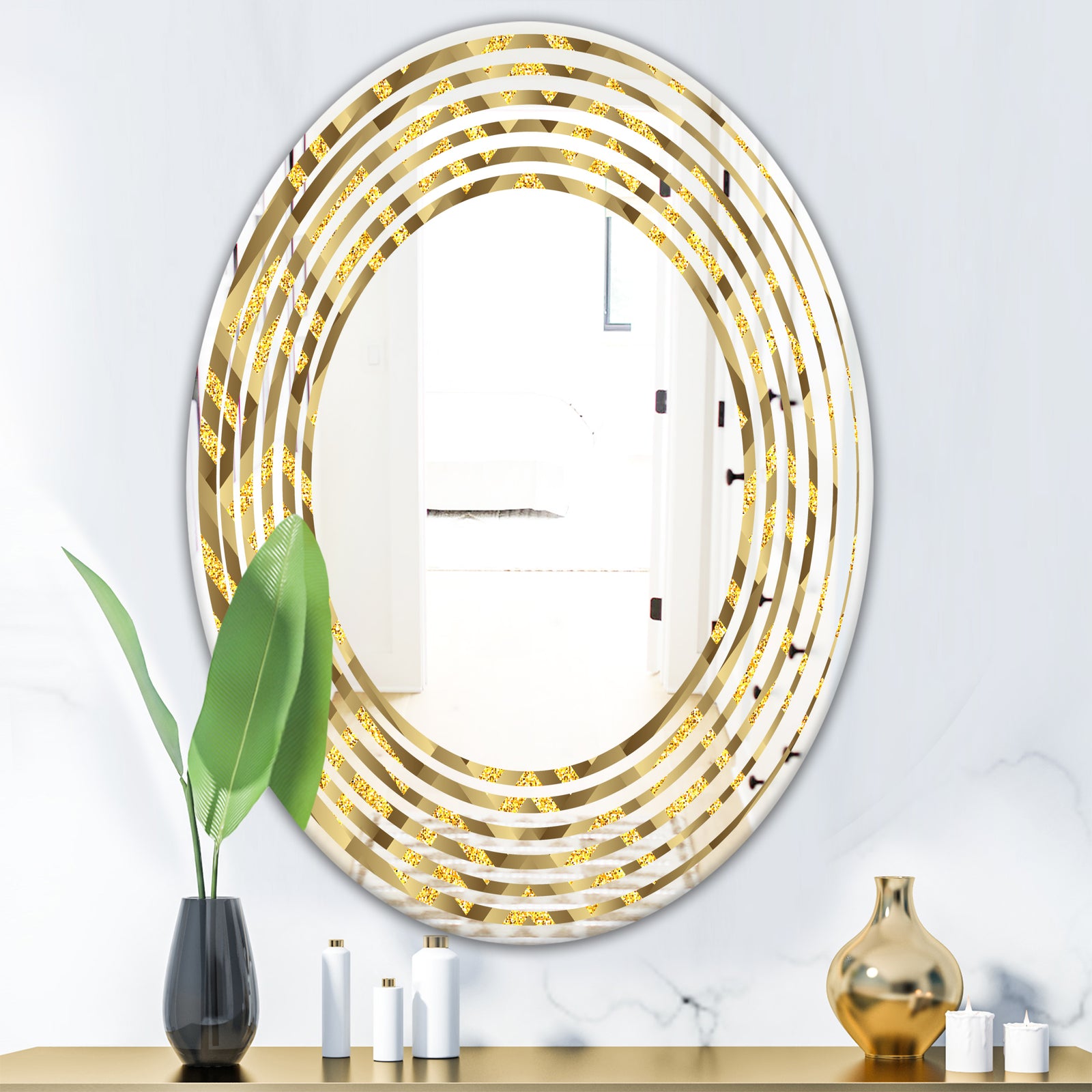 Golden Plaid pattern - Modern Round or Oval Wall Mirror - Wave