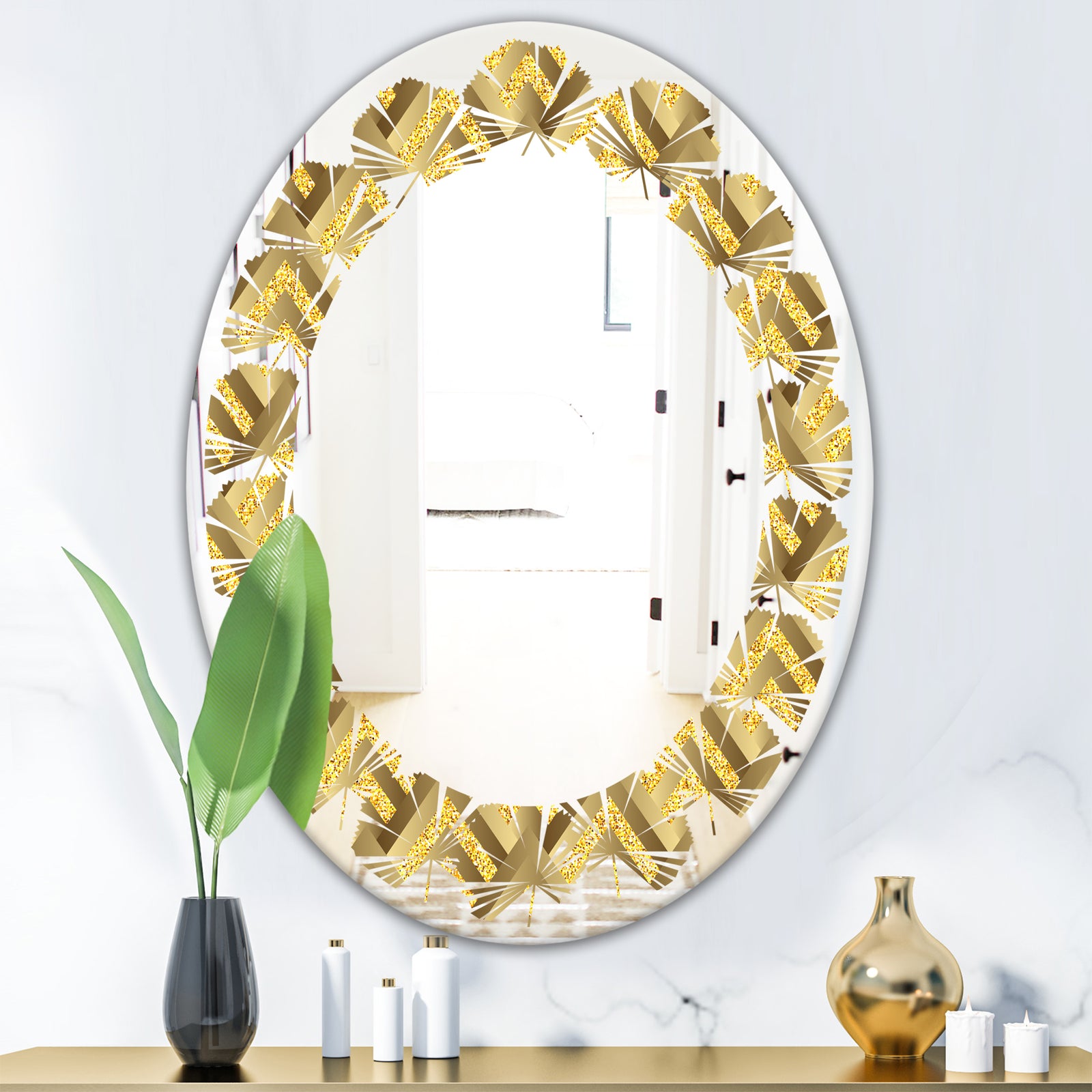 Golden Plaid pattern - Modern Round or Oval Wall Mirror - Leaves