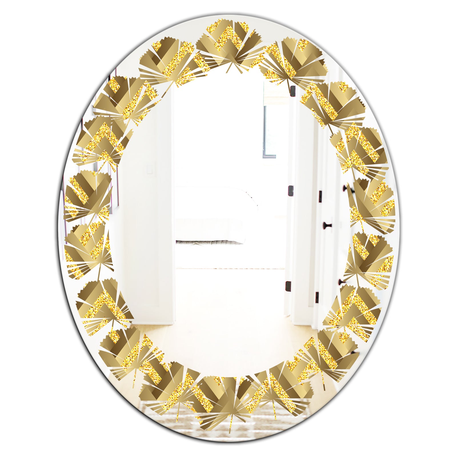 Golden Plaid pattern - Modern Round or Oval Wall Mirror - Leaves