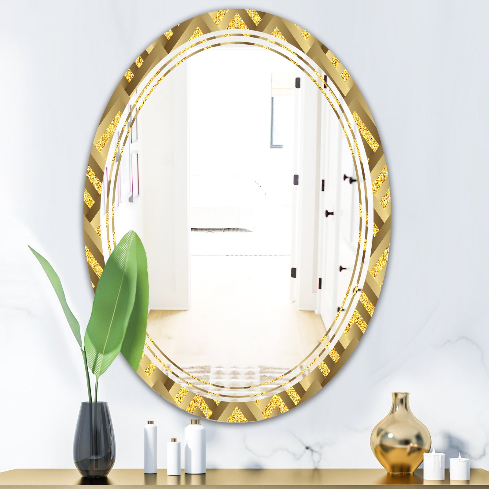 Golden Plaid pattern - Modern Round or Oval Wall Mirror - Triple C