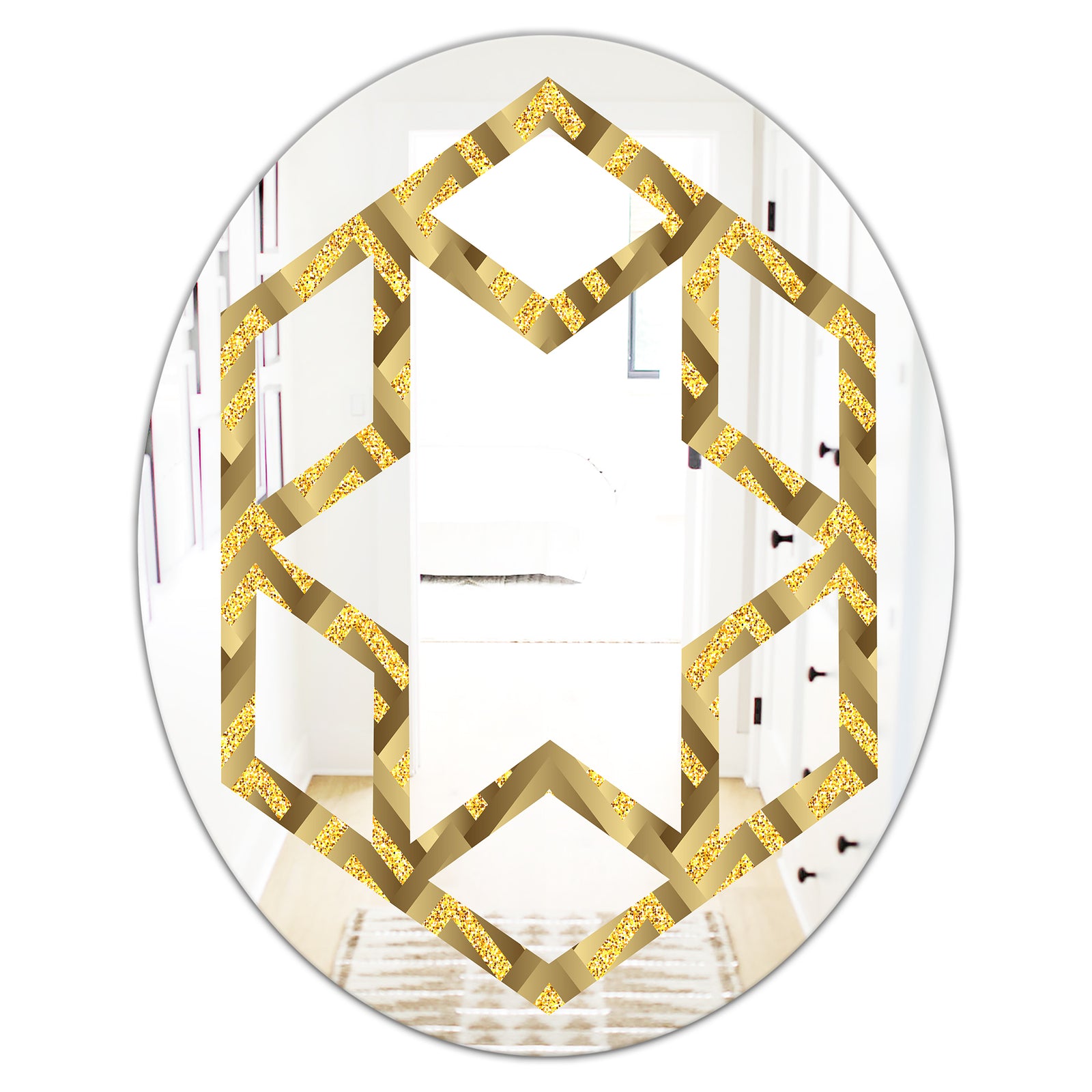Golden Plaid pattern - Modern Round or Oval Wall Mirror - Hexagon Star