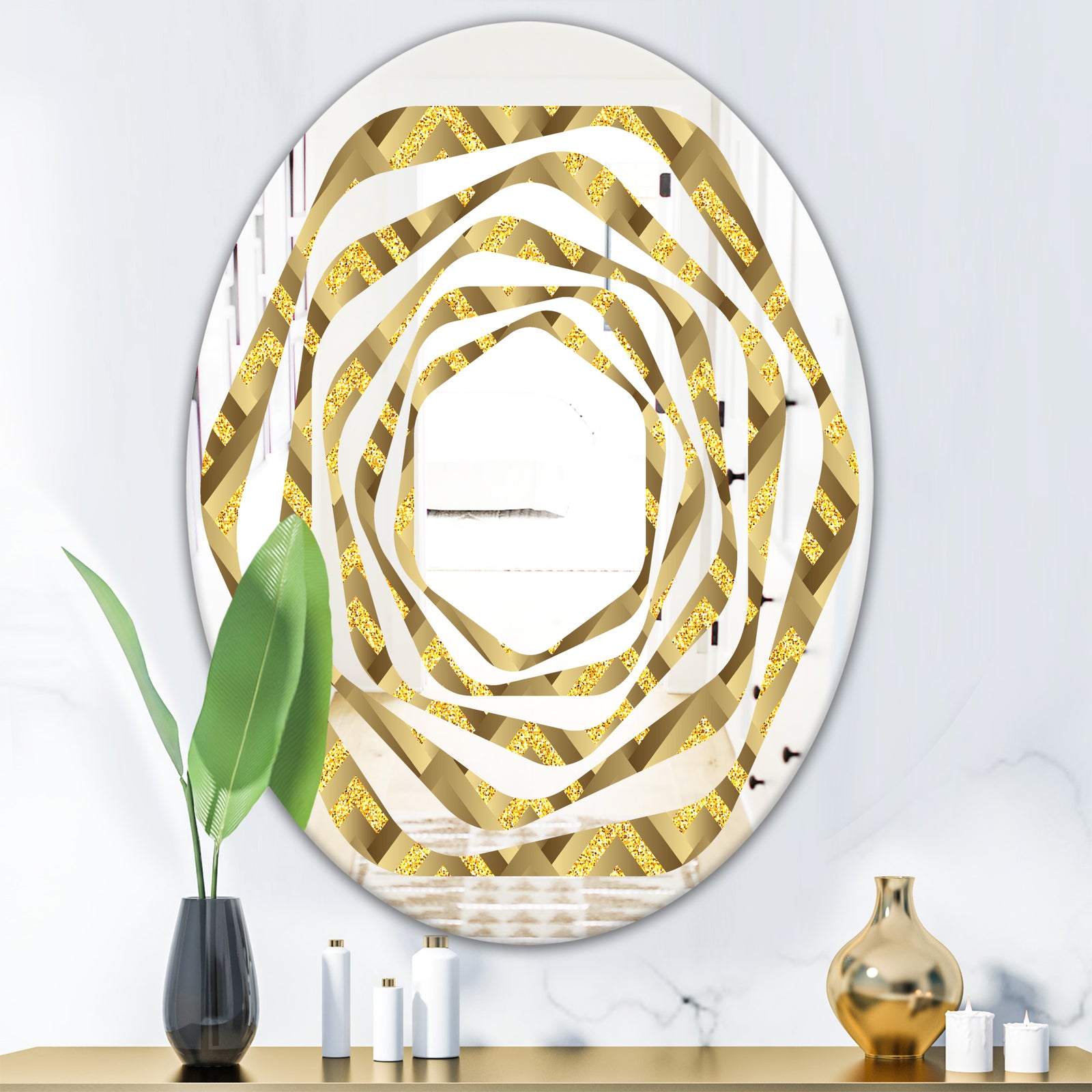 Golden Plaid pattern - Modern Round or Oval Wall Mirror - Whirl