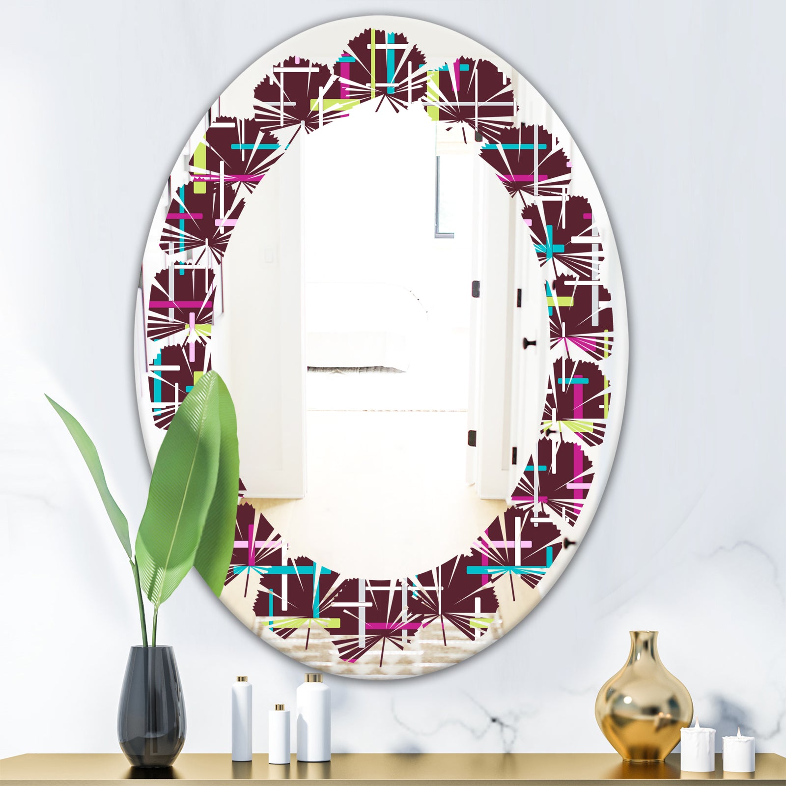 Retro Abstract Design XVII - Modern Round or Oval Wall Mirror - Leaves