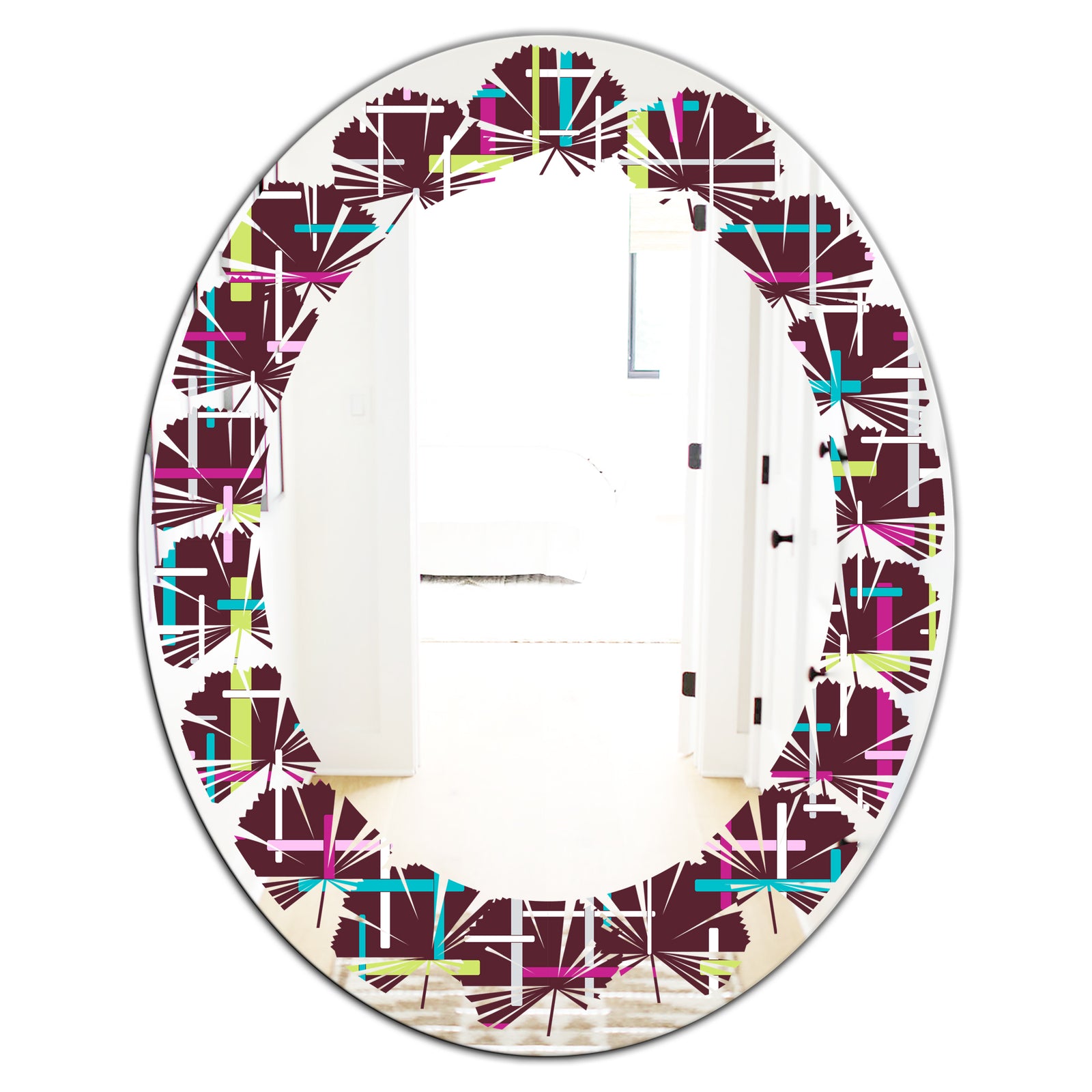 Retro Abstract Design XVII - Modern Round or Oval Wall Mirror - Leaves