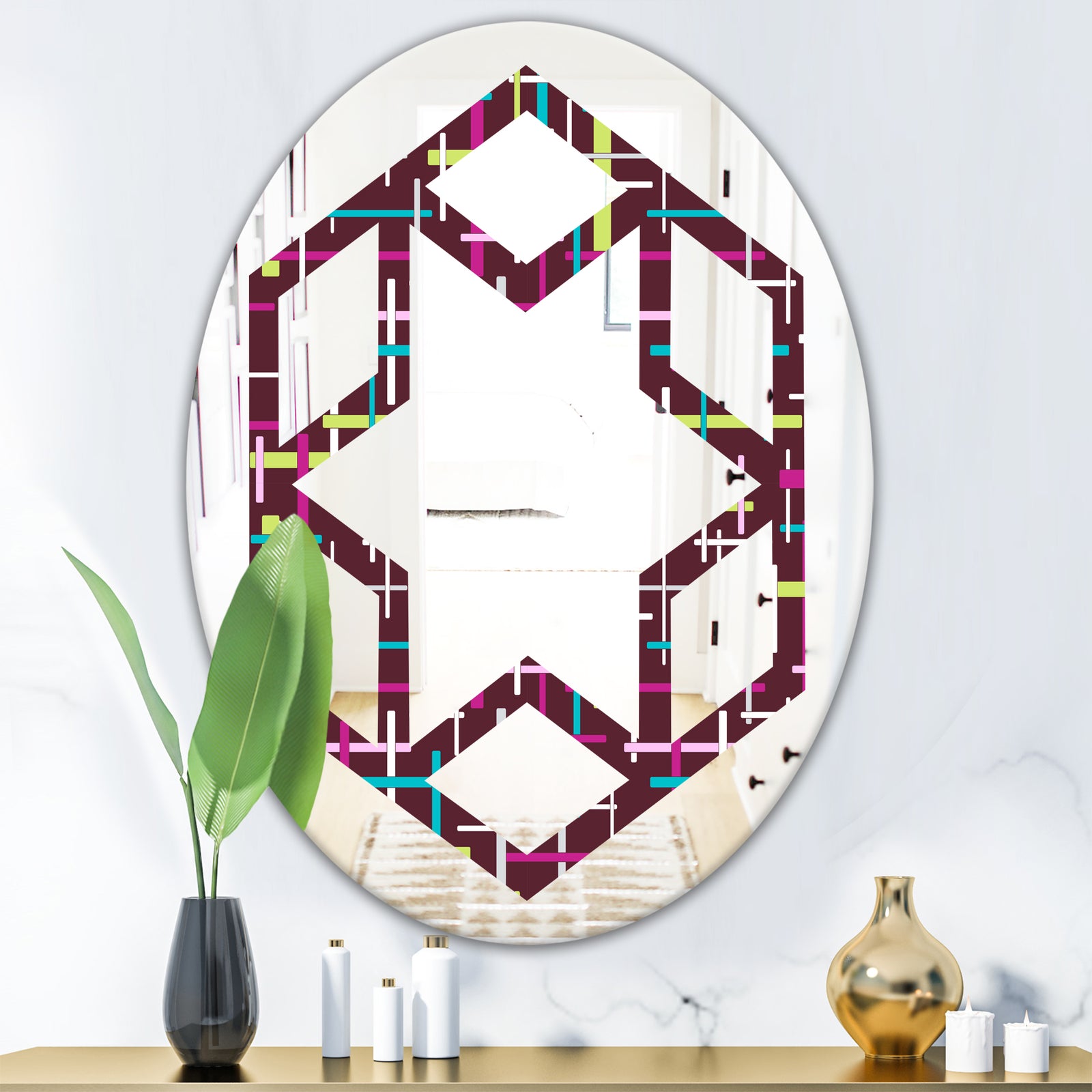 Retro Abstract Design XVII - Modern Round or Oval Wall Mirror - Hexagon Star