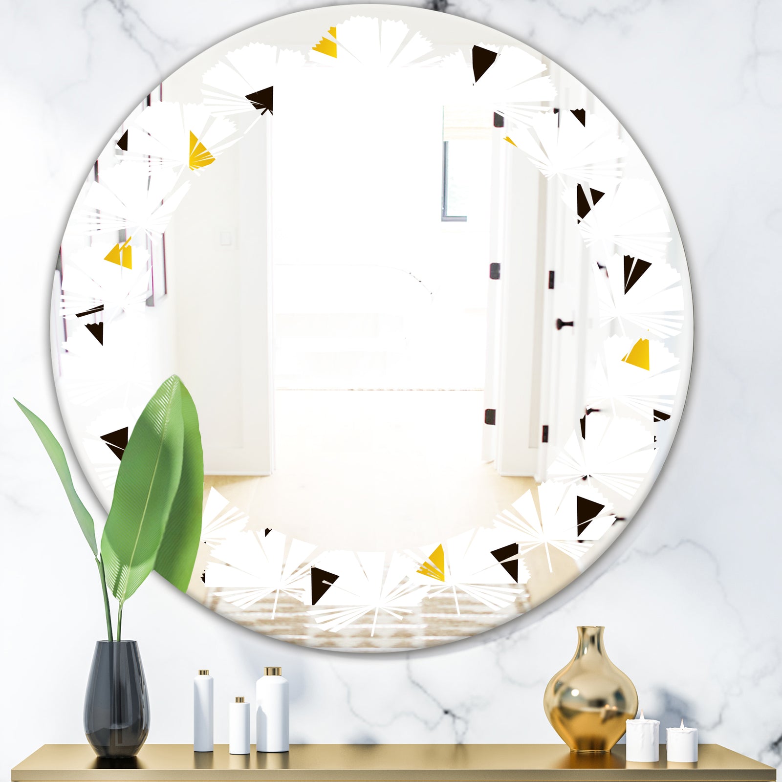 Trendy Black and Gold Triangular Pattern - Modern Round or Oval Wall Mirror - Leaves