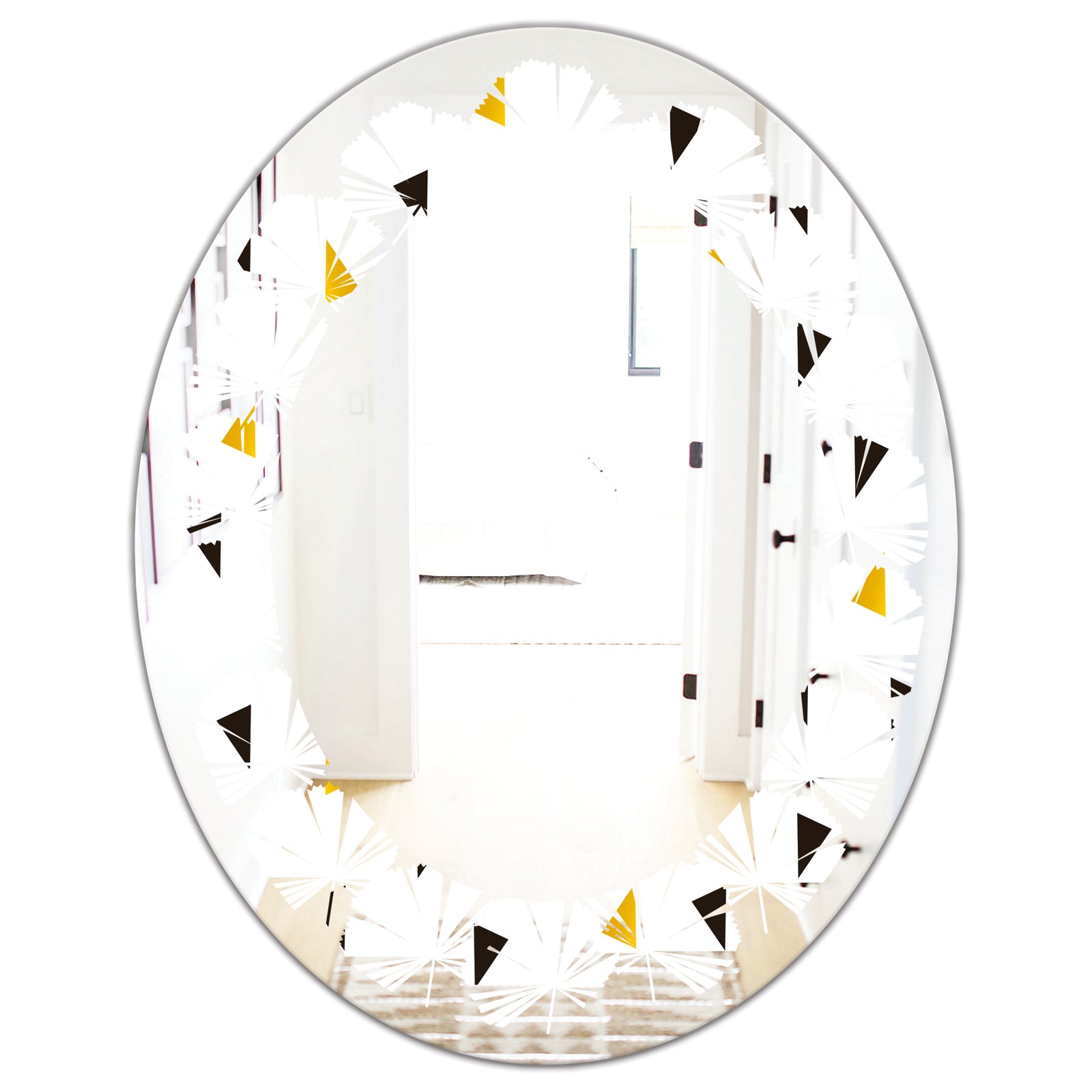 Trendy Black and Gold Triangular Pattern - Modern Round or Oval Wall Mirror - Leaves
