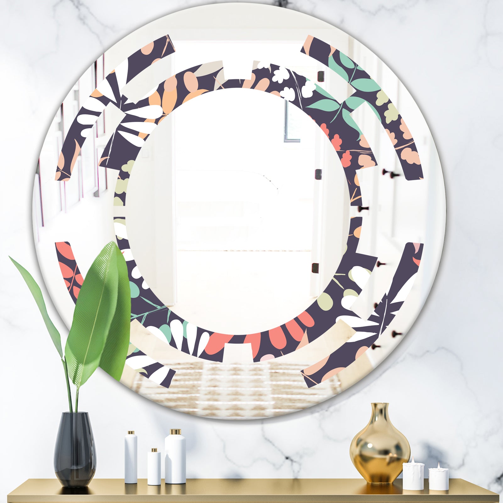 Retro Botanical Pattern II - Modern Round or Oval Wall Mirror - Space
