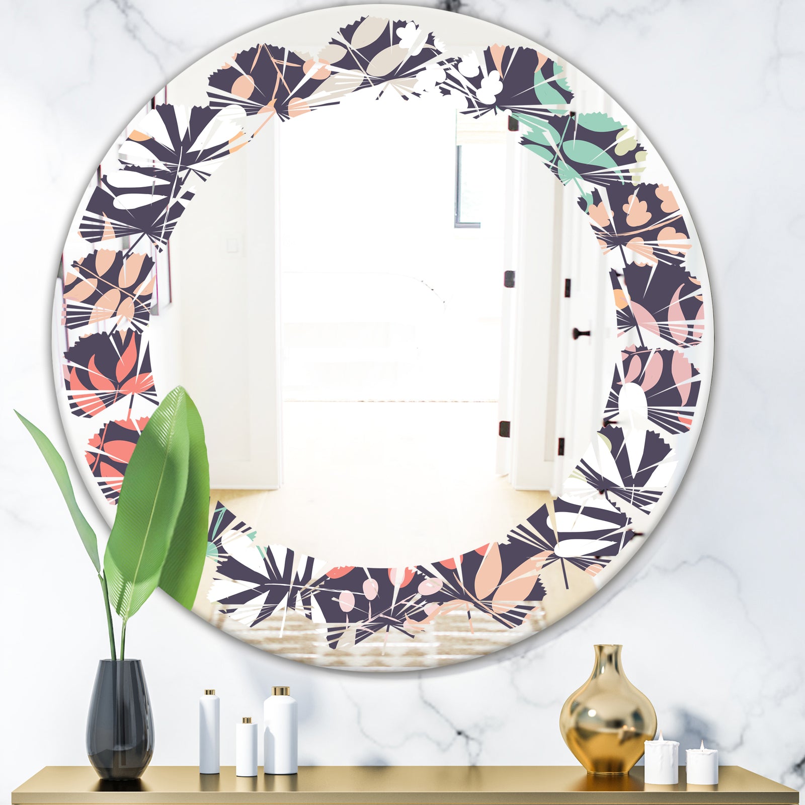 Retro Botanical Pattern II - Modern Round or Oval Wall Mirror - Leaves