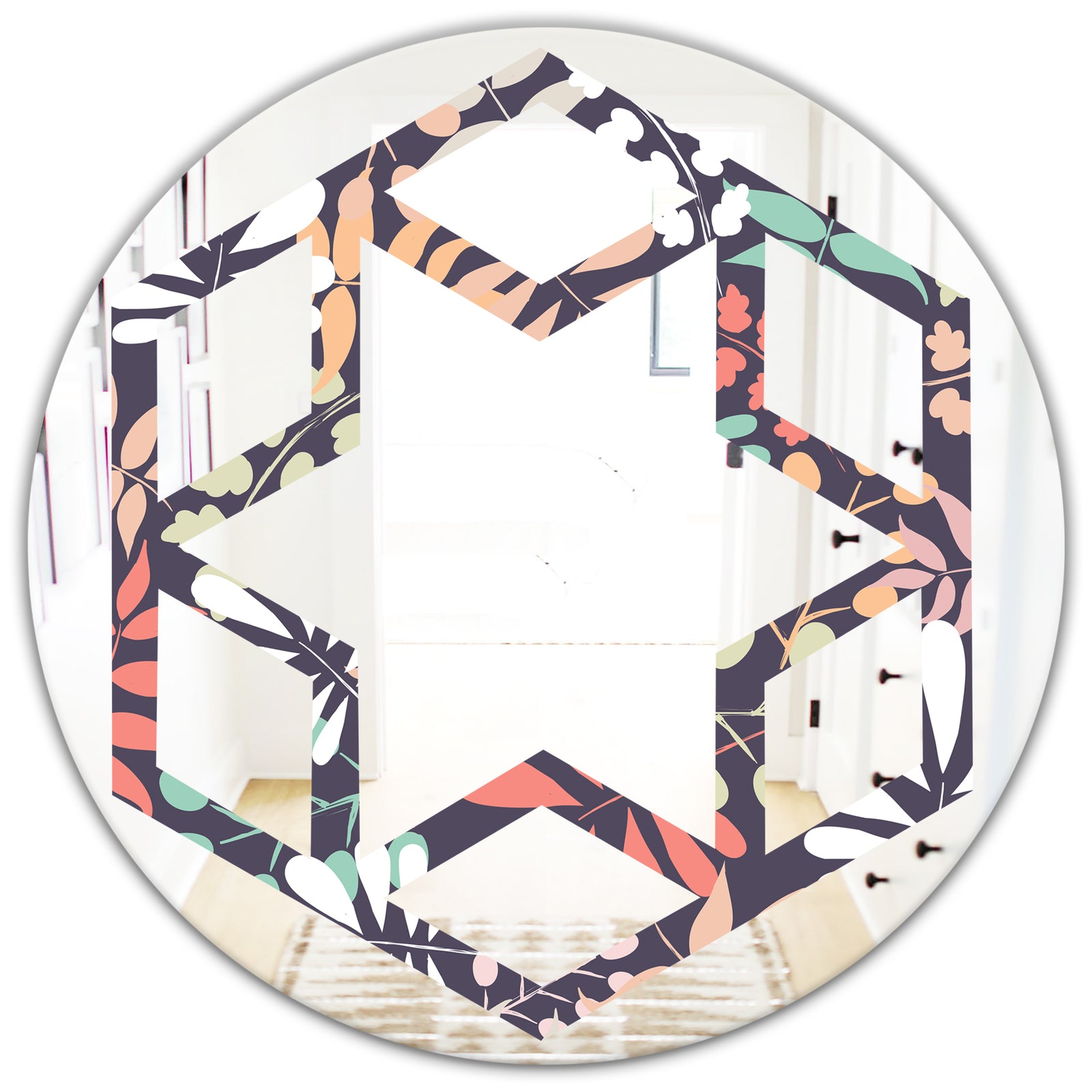Retro Botanical Pattern II - Modern Round or Oval Wall Mirror - Hexagon Star