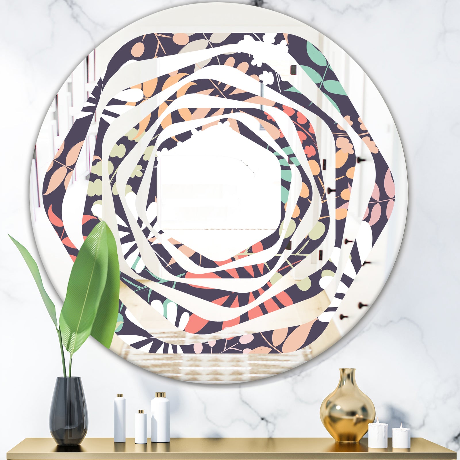 Retro Botanical Pattern II - Modern Round or Oval Wall Mirror - Whirl
