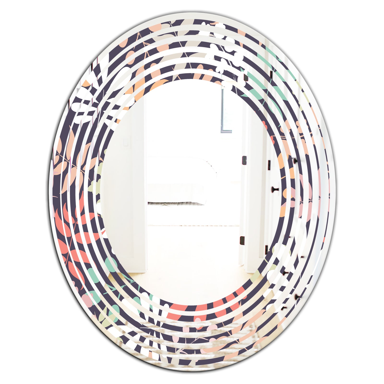 Retro Botanical Pattern II - Modern Round or Oval Wall Mirror - Wave