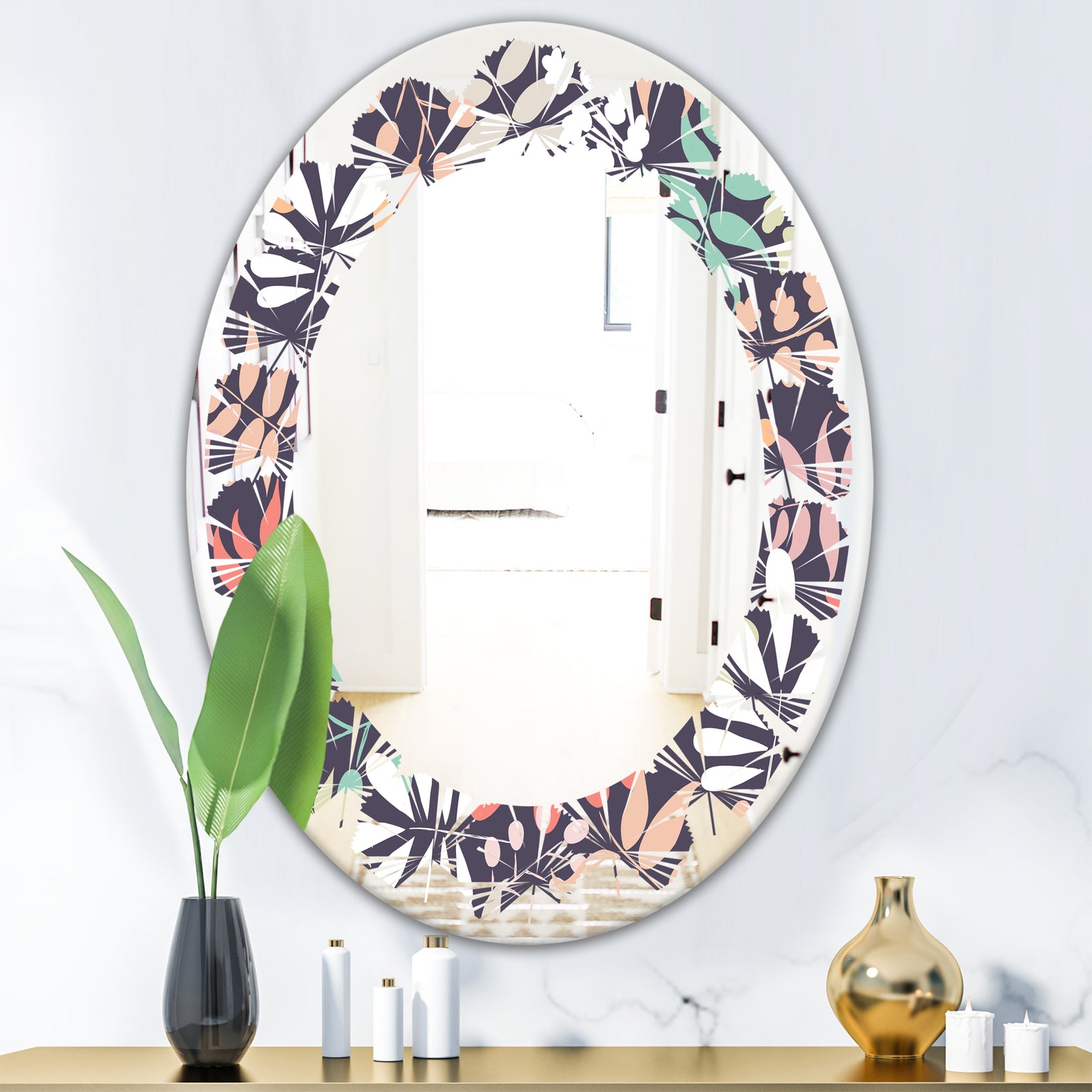 Retro Botanical Pattern II - Modern Round or Oval Wall Mirror - Leaves