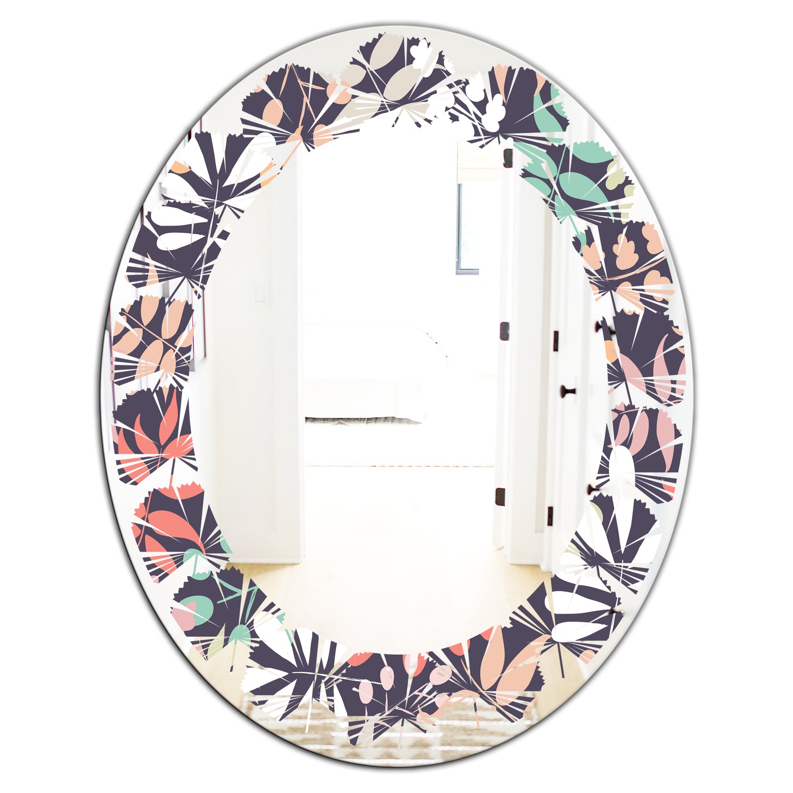 Retro Botanical Pattern II - Modern Round or Oval Wall Mirror - Leaves