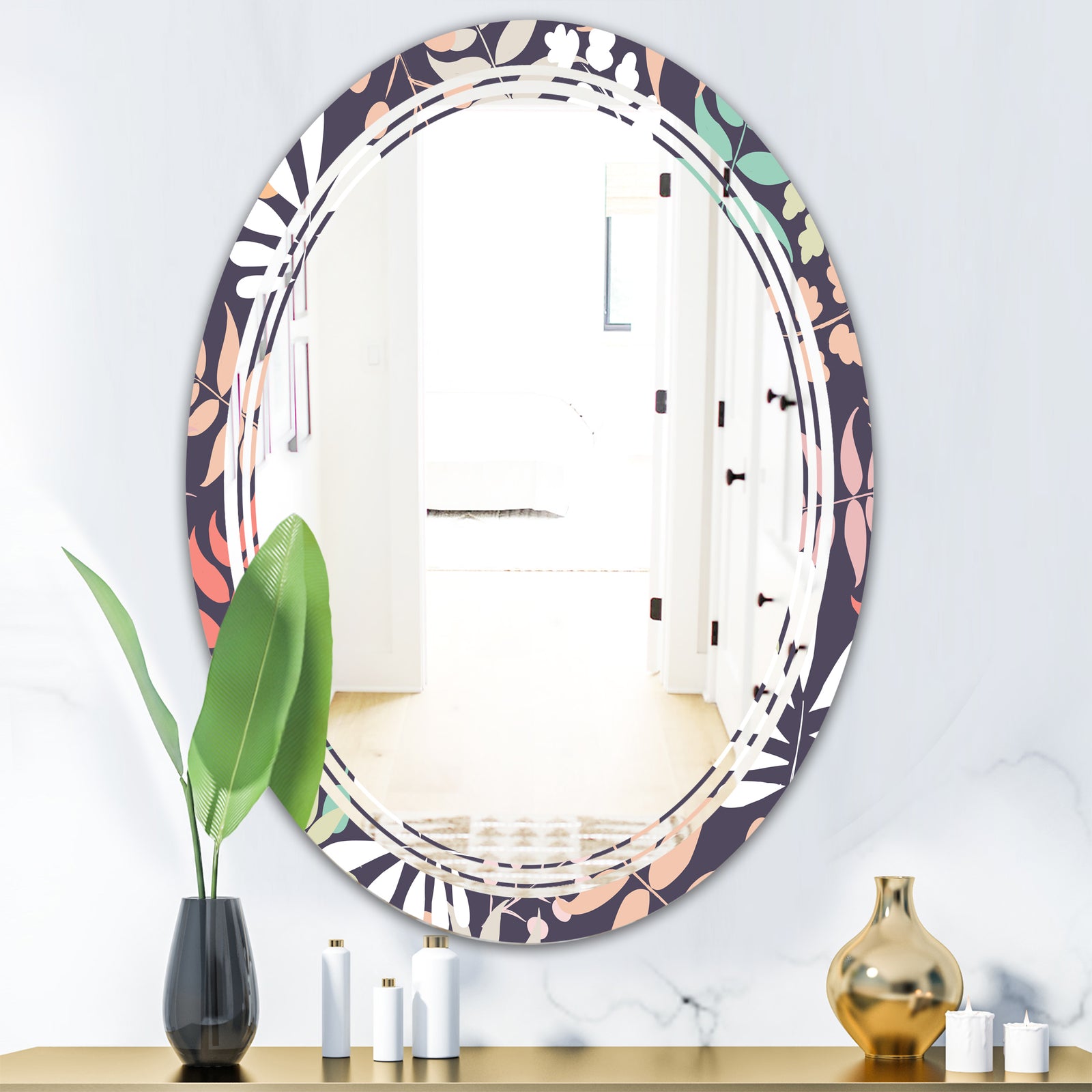 Retro Botanical Pattern II - Modern Round or Oval Wall Mirror - Triple C