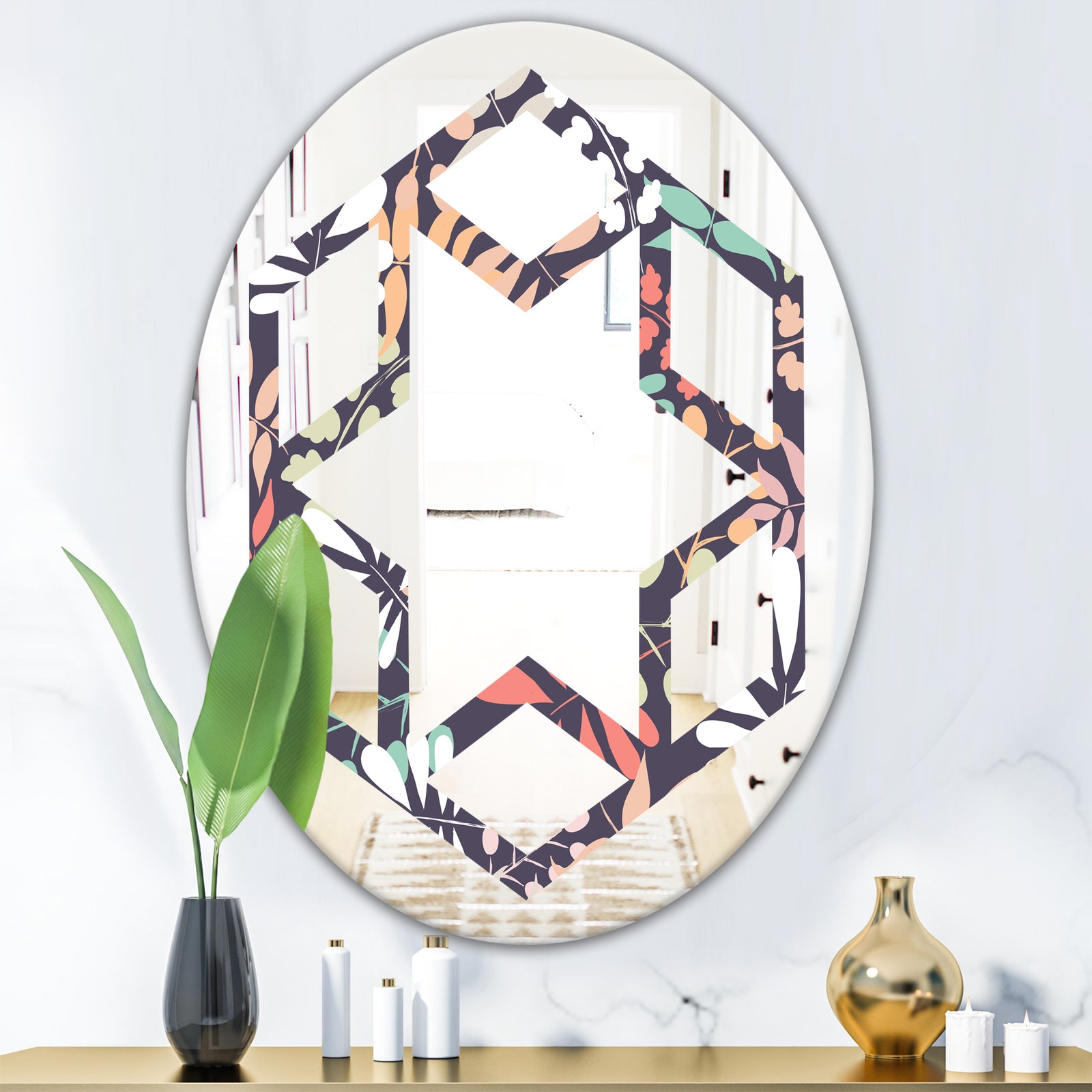 Retro Botanical Pattern II - Modern Round or Oval Wall Mirror - Hexagon Star