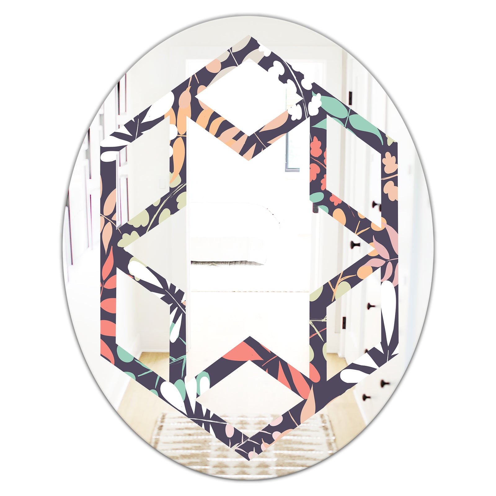 Retro Botanical Pattern II - Modern Round or Oval Wall Mirror - Hexagon Star