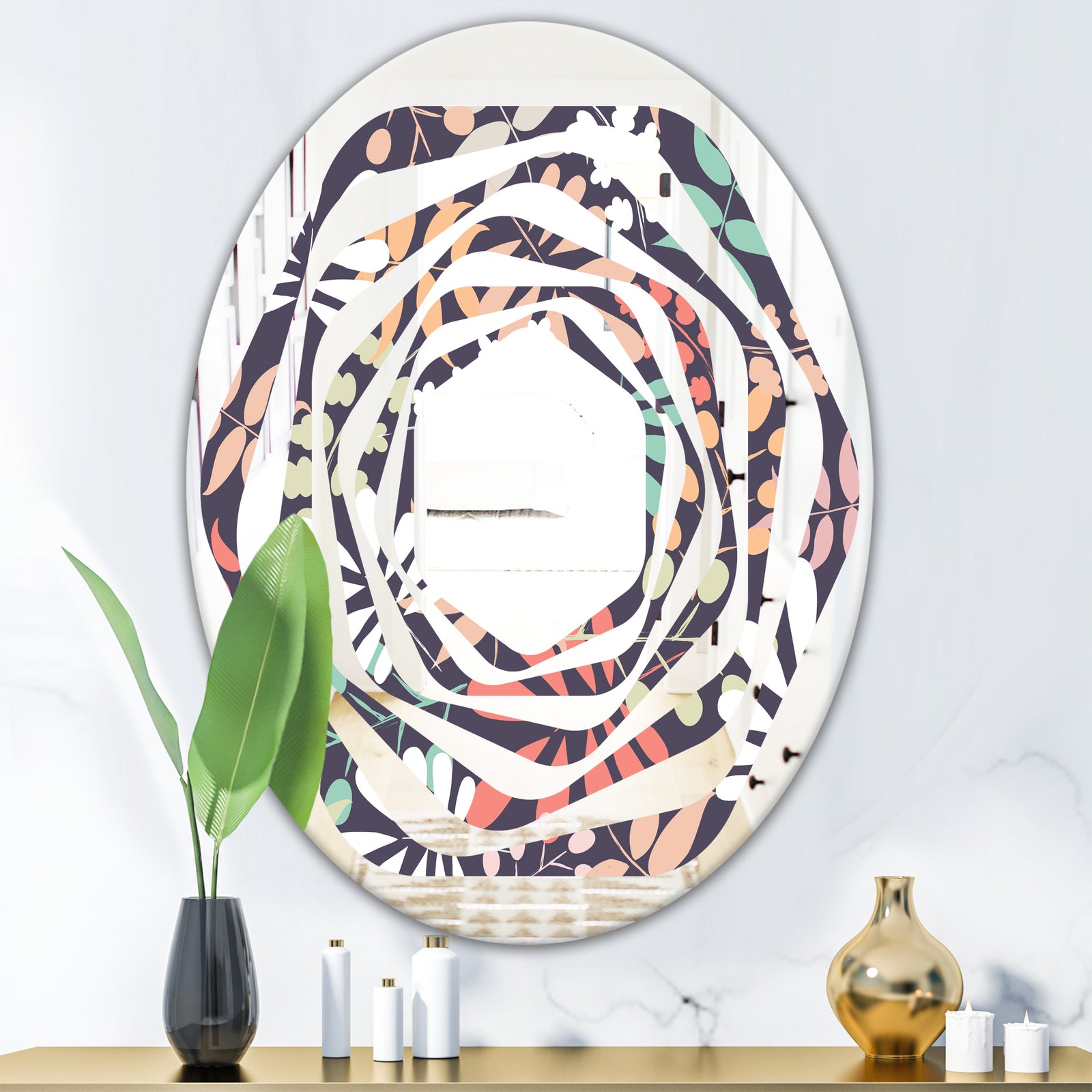 Retro Botanical Pattern II - Modern Round or Oval Wall Mirror - Whirl