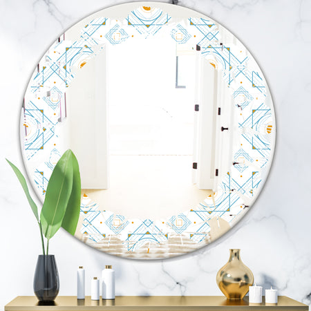 Retro Minimal Patttern in Orange and Bluye - Modern Round or Oval Wall Mirror - Leaves