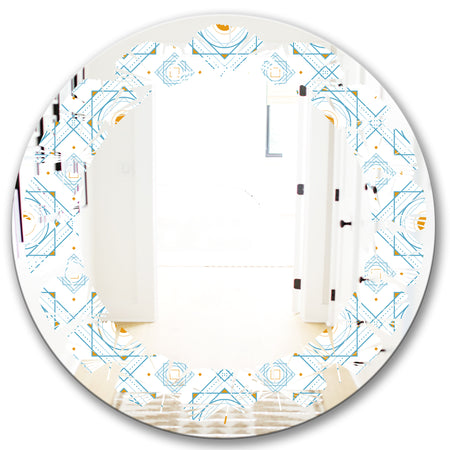Retro Minimal Patttern in Orange and Bluye - Modern Round or Oval Wall Mirror - Leaves