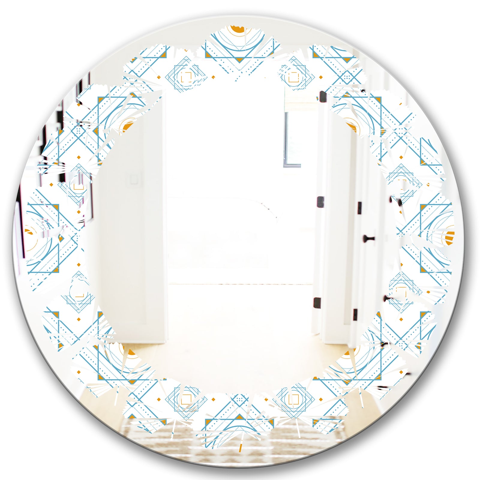 Retro Minimal Patttern in Orange and Bluye - Modern Round or Oval Wall Mirror - Leaves