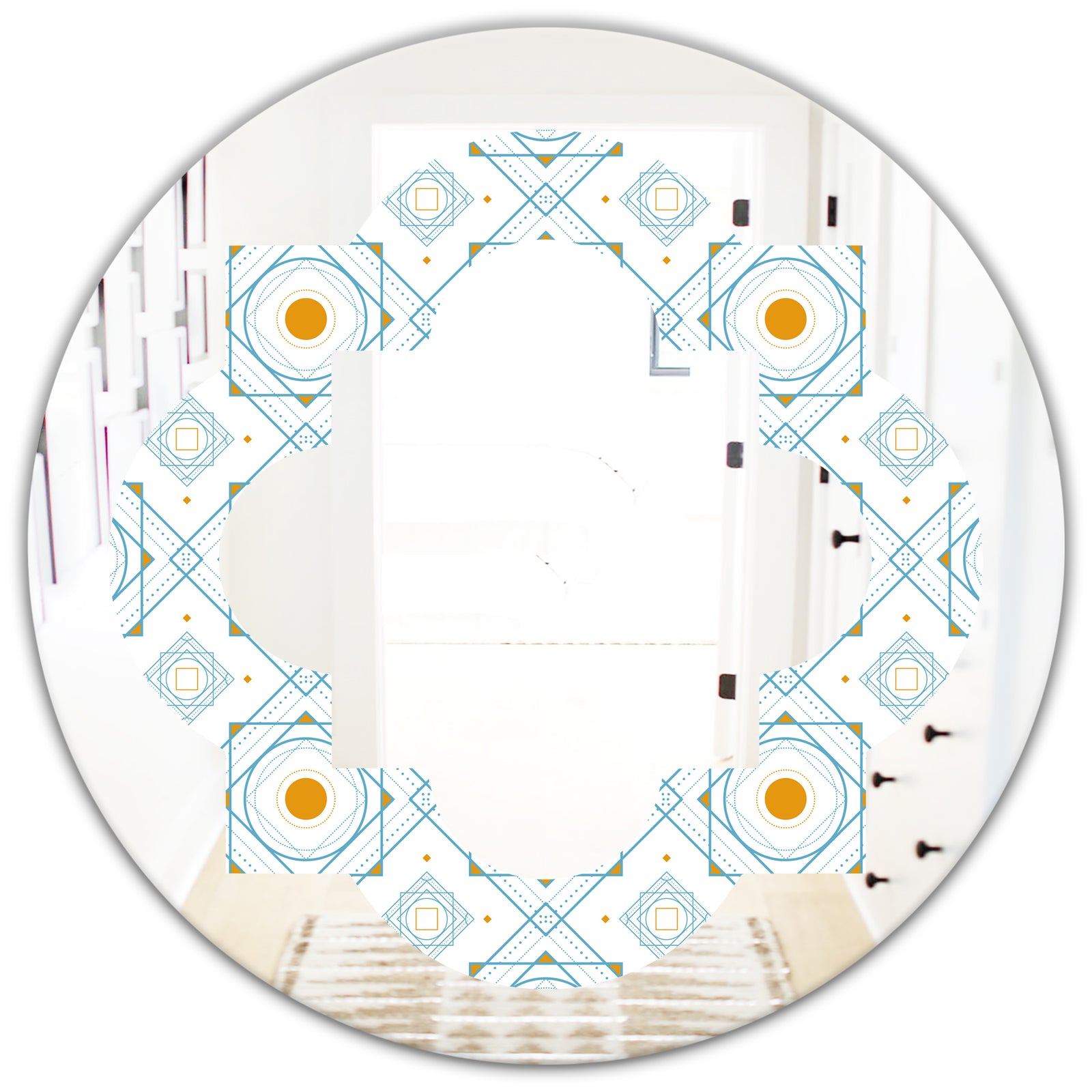 Retro Minimal Patttern in Orange and Bluye - Modern Round or Oval Wall Mirror - Quatrefoil