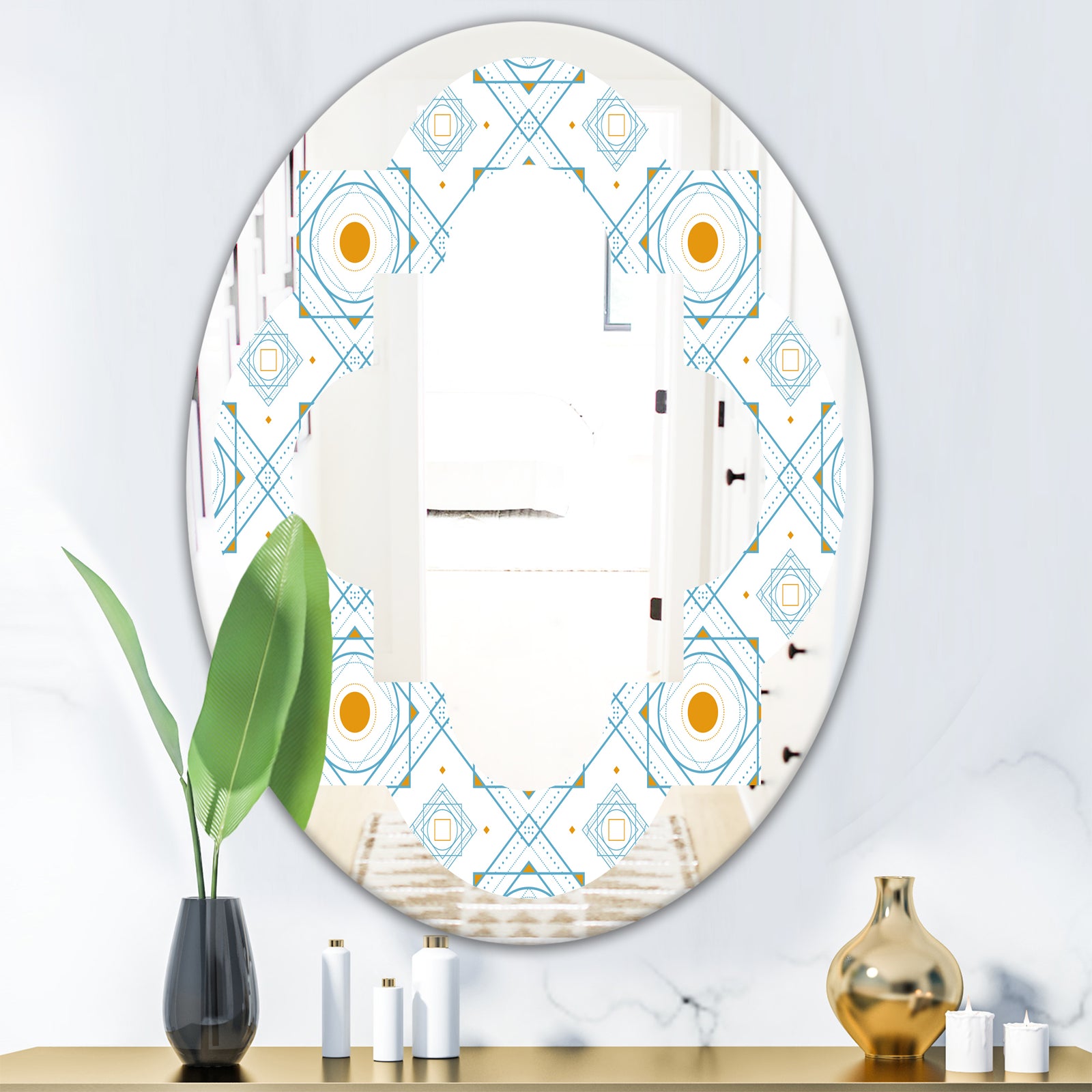 Retro Minimal Patttern in Orange and Bluye - Modern Round or Oval Wall Mirror - Quatrefoil