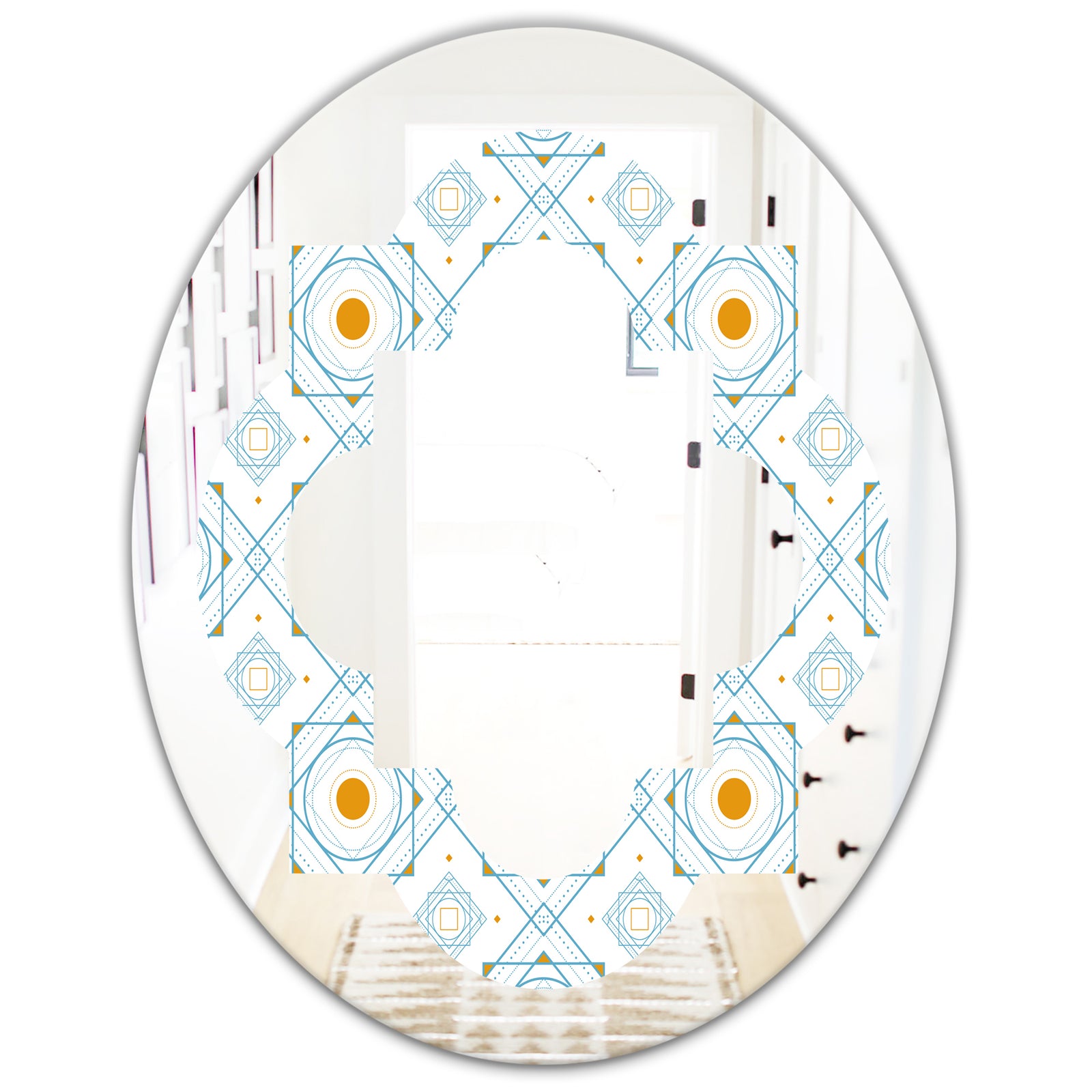 Retro Minimal Patttern in Orange and Bluye - Modern Round or Oval Wall Mirror - Quatrefoil