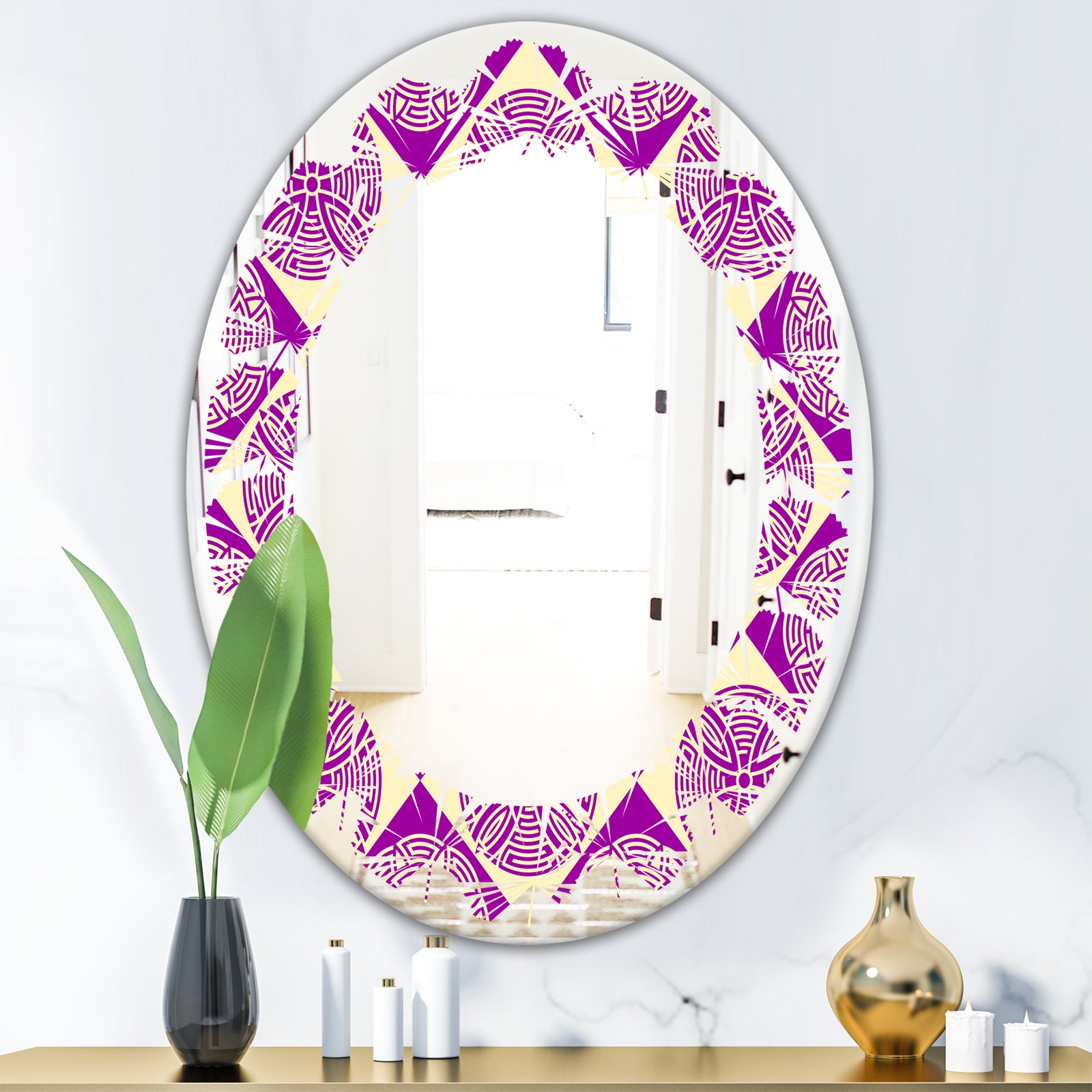Retro Abstract Pattern Design I - Modern Round or Oval Wall Mirror - Leaves