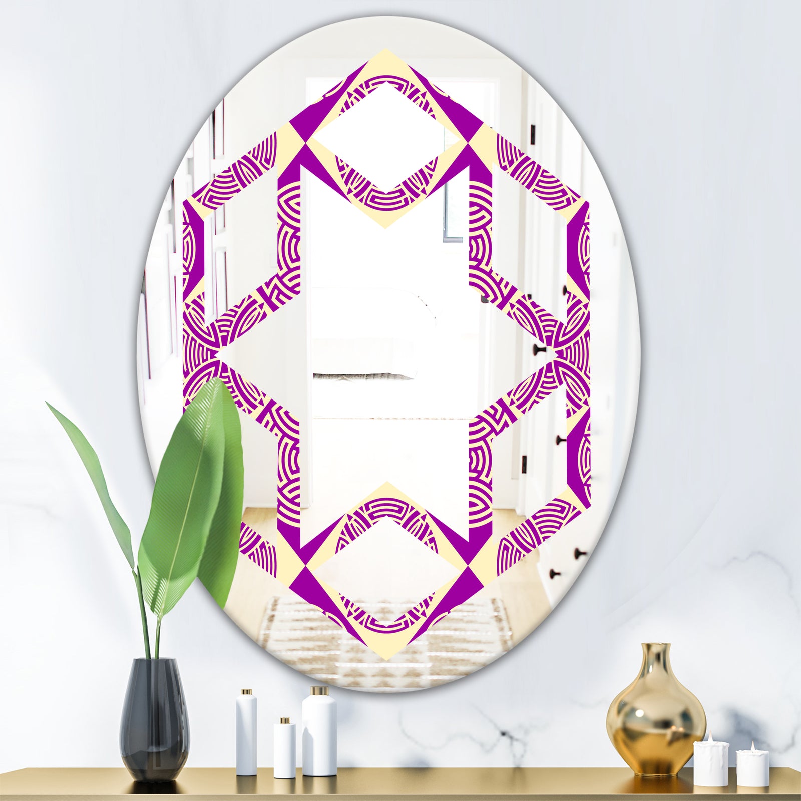 Retro Abstract Pattern Design I - Modern Round or Oval Wall Mirror - Hexagon Star