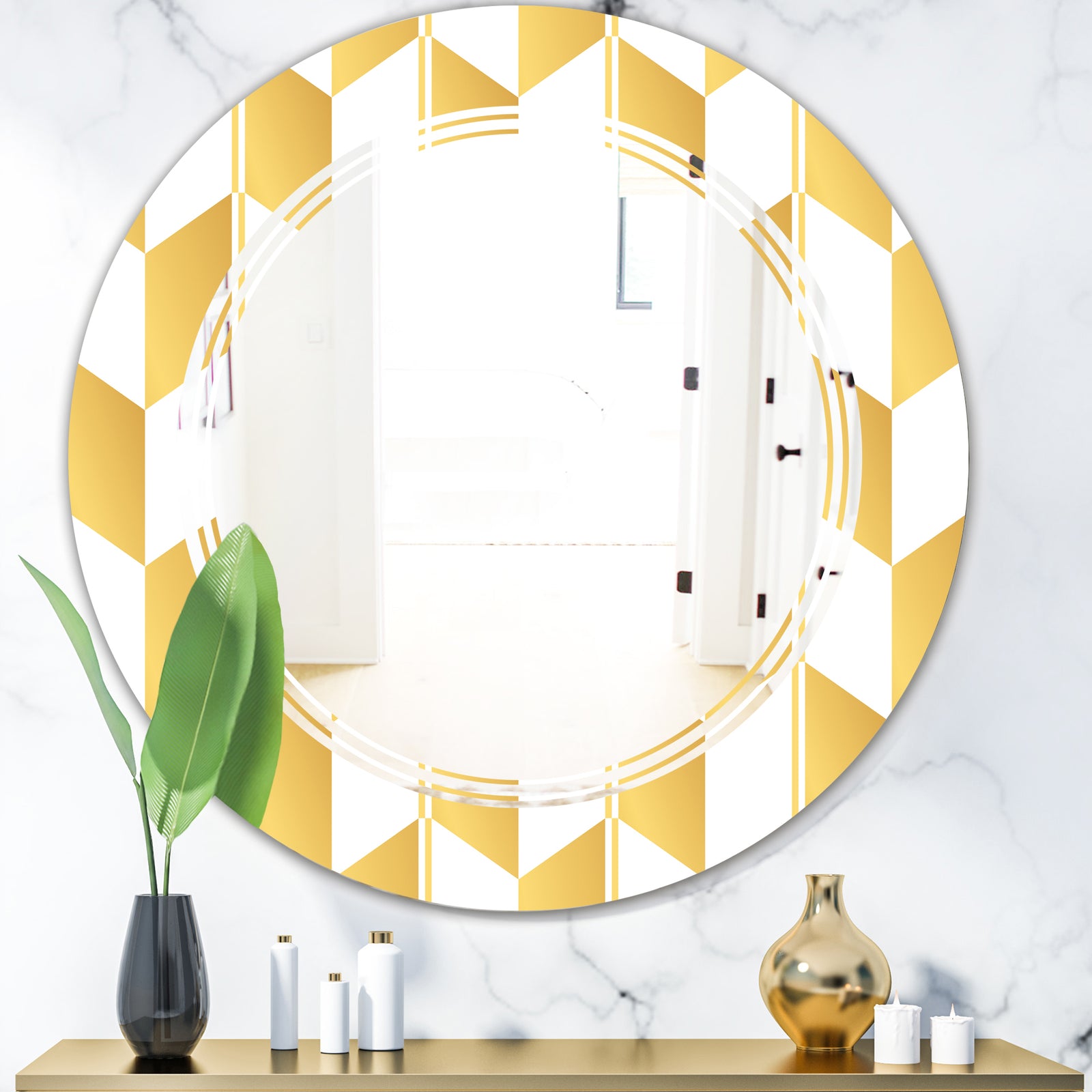 Gold and White Geometric Pattern I - Modern Round or Oval Wall Mirror - Triple C