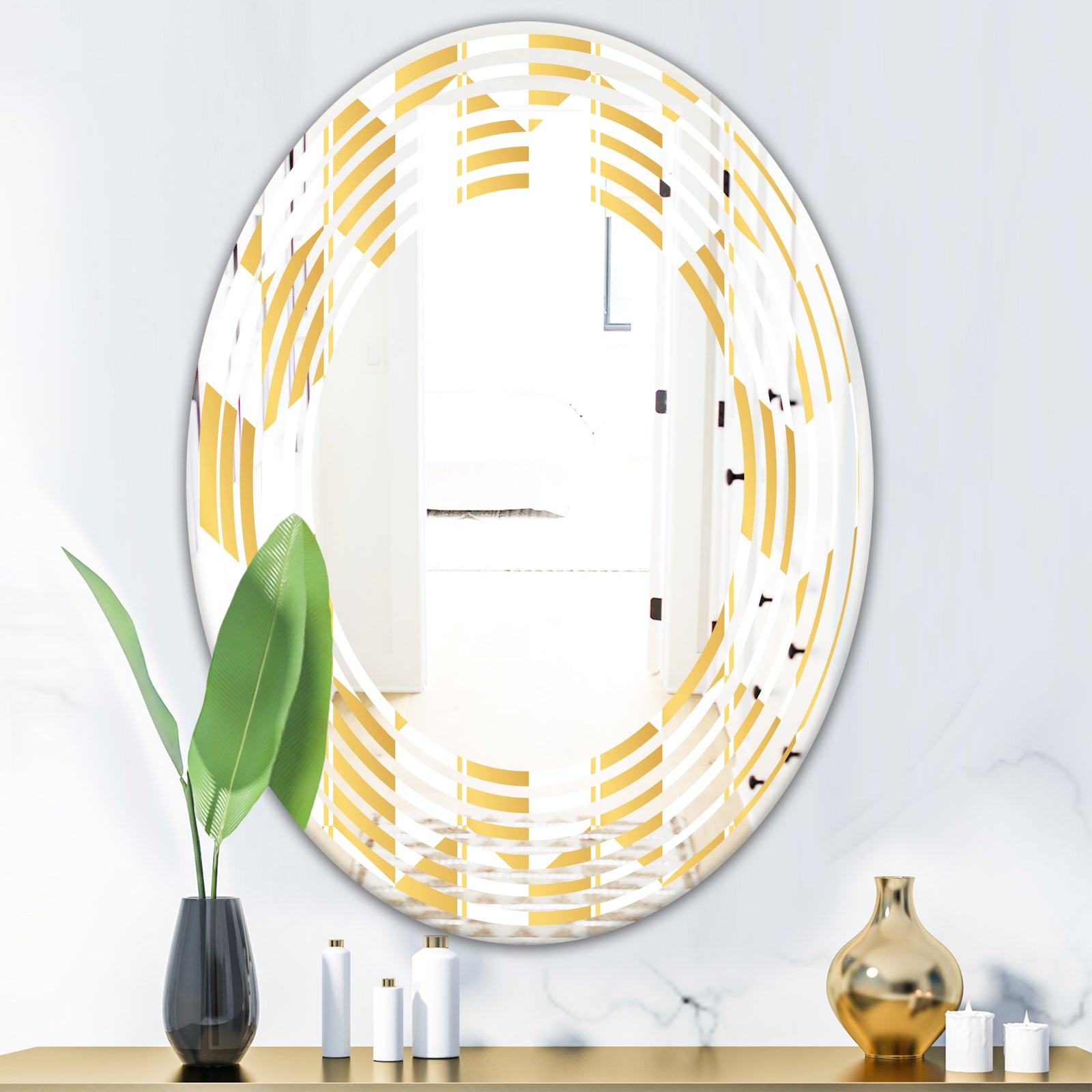 Gold and White Geometric Pattern I - Modern Round or Oval Wall Mirror - Wave