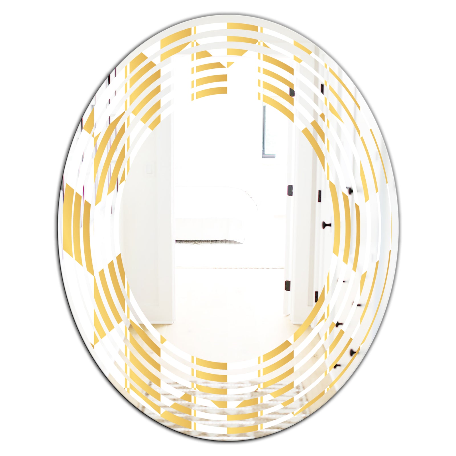 Gold and White Geometric Pattern I - Modern Round or Oval Wall Mirror - Wave