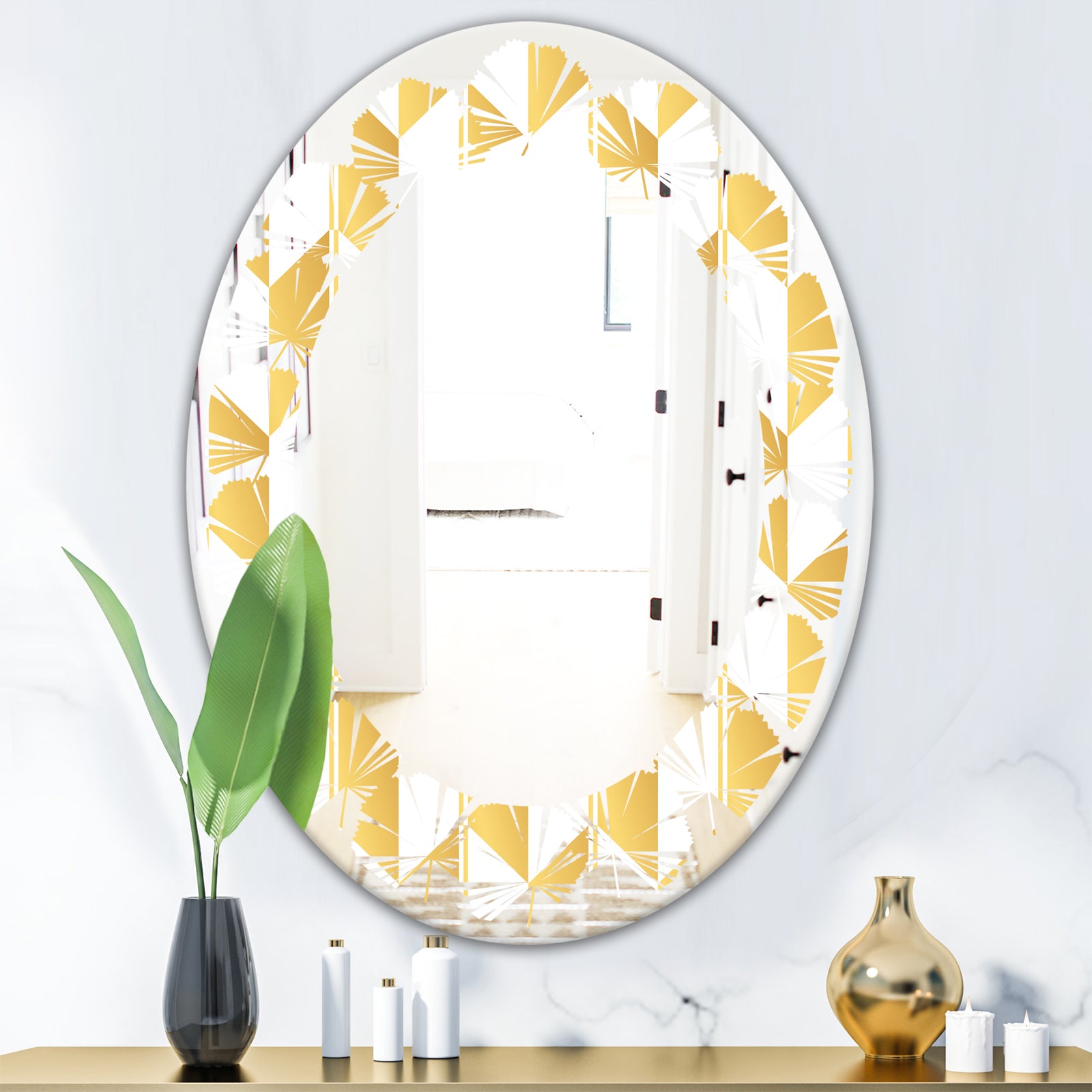 Gold and White Geometric Pattern I - Modern Round or Oval Wall Mirror - Leaves