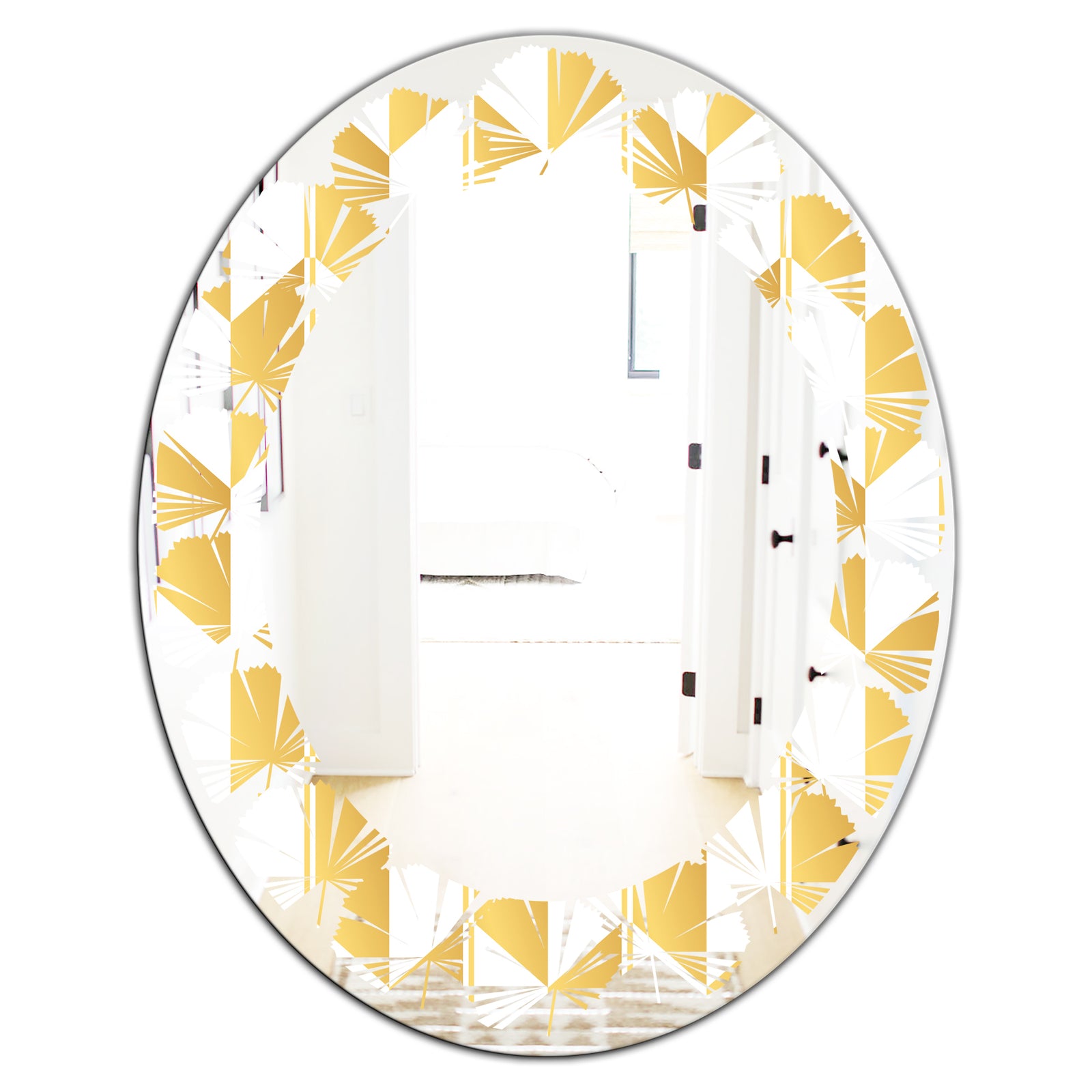 Gold and White Geometric Pattern I - Modern Round or Oval Wall Mirror - Leaves