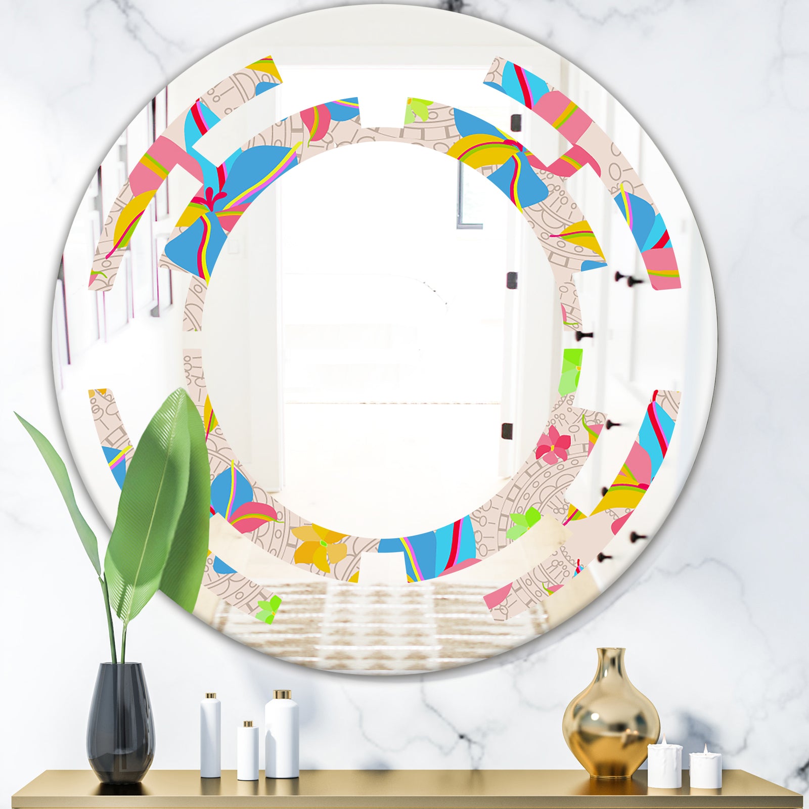 Retro Pink Yellow Flowers - Modern Round or Oval Wall Mirror - Space