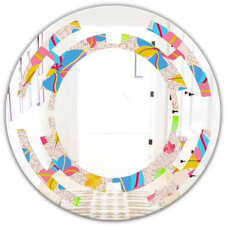 Retro Pink Yellow Flowers - Modern Round or Oval Wall Mirror - Space