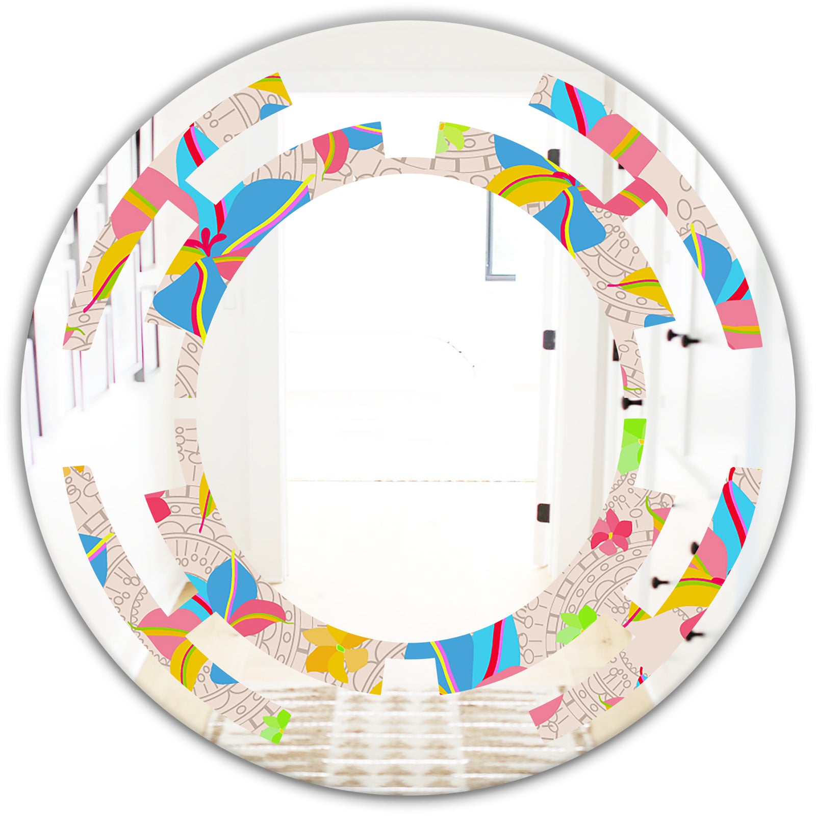 Retro Pink Yellow Flowers - Modern Round or Oval Wall Mirror - Space