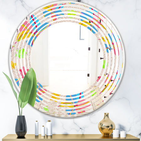Retro Pink Yellow Flowers - Modern Round or Oval Wall Mirror - Wave