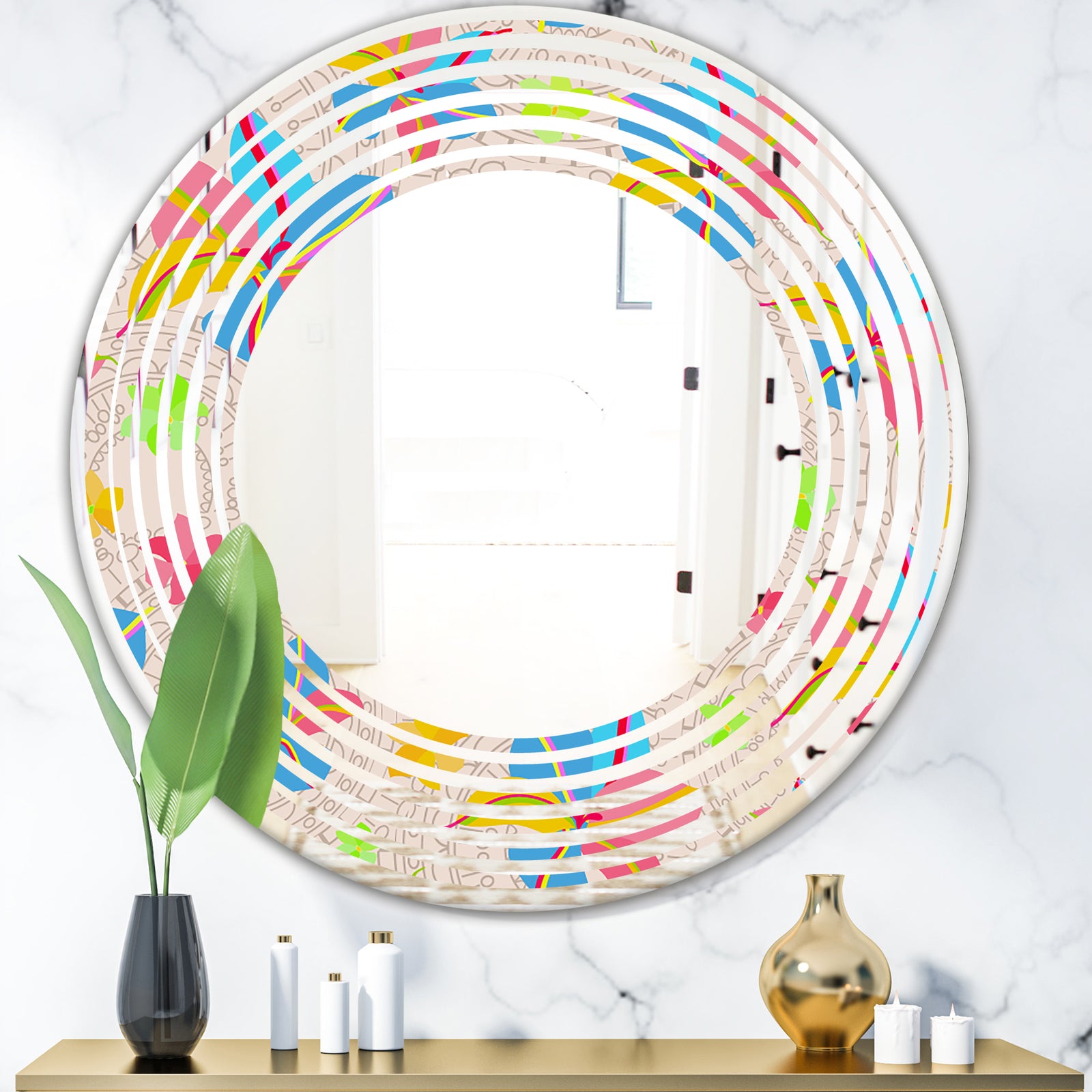 Retro Pink Yellow Flowers - Modern Round or Oval Wall Mirror - Wave