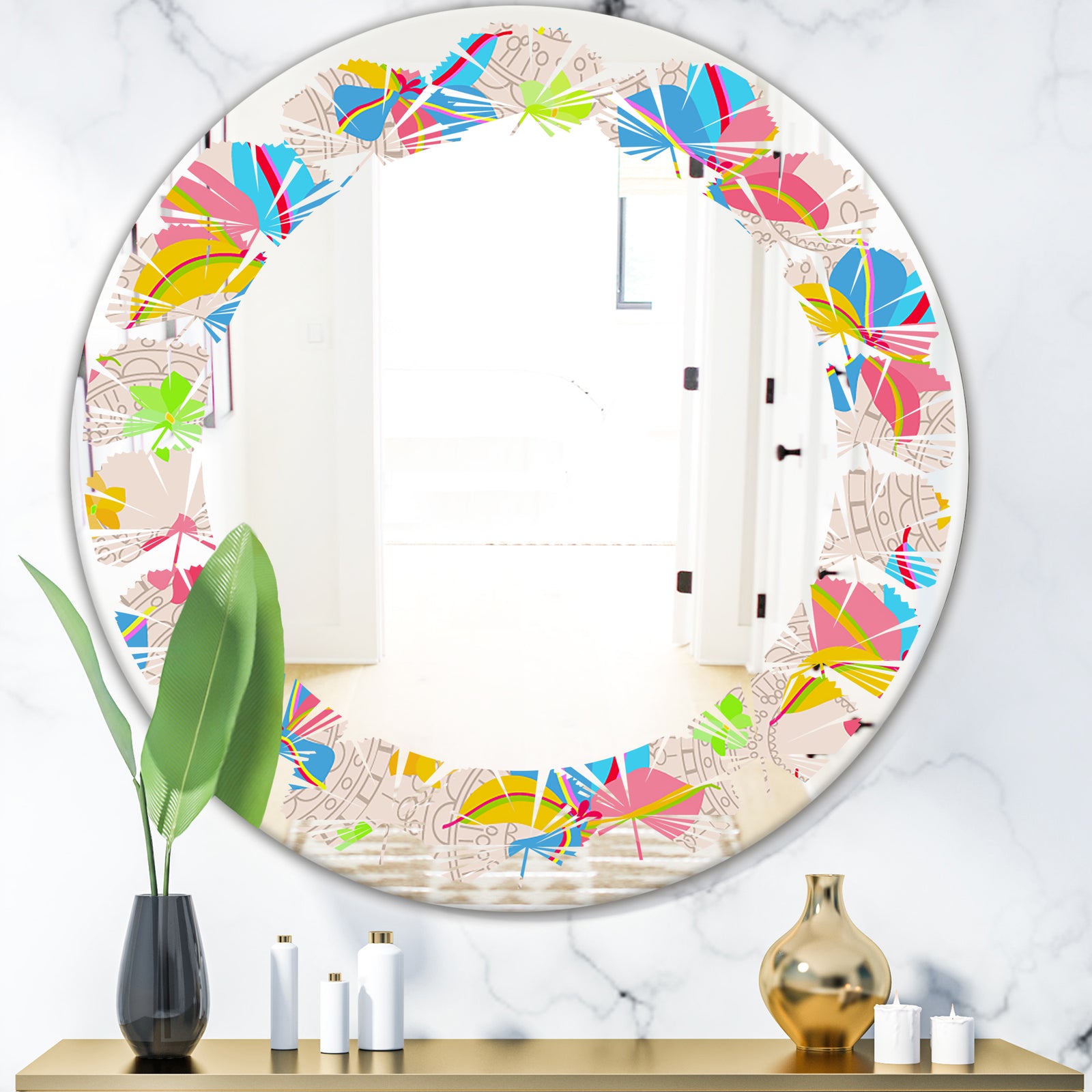 Retro Pink Yellow Flowers - Modern Round or Oval Wall Mirror - Leaves