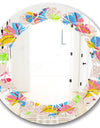 Retro Pink Yellow Flowers - Modern Round or Oval Wall Mirror - Leaves